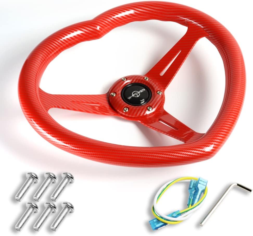 W-Power,13.5' Universal 343mm 6 Bolt Hole 3-Inche Deep Dish Aluminum Polished Heart-Shaped with Wood Grip Steering Wheel, Black Horn Button JDM Euro VIP Style, 3-Spoke (Carbon Red)