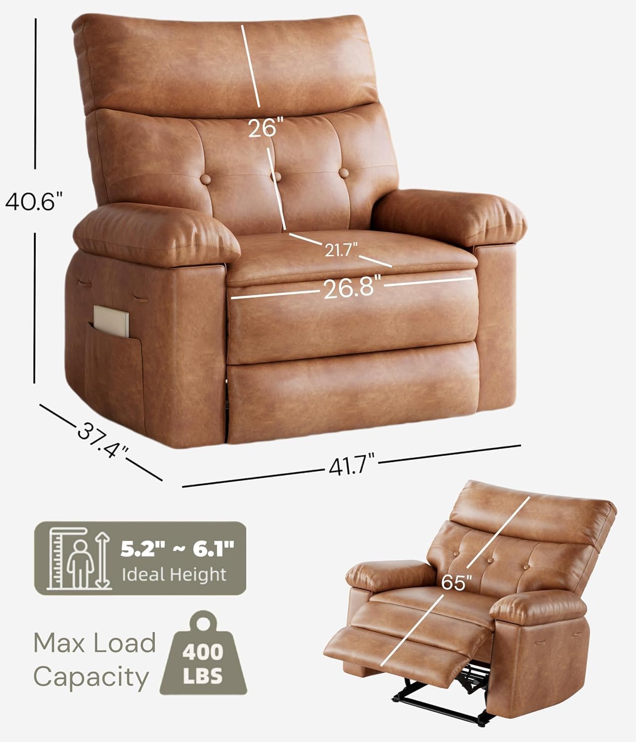 Oversized Recliner Chair with Heating & Massage, XL Faux Leather Nursery Rocking Chairs for Adults with Cup Holder and Side Pockets, Swivel Chair for Living Room, Bedroom Retro