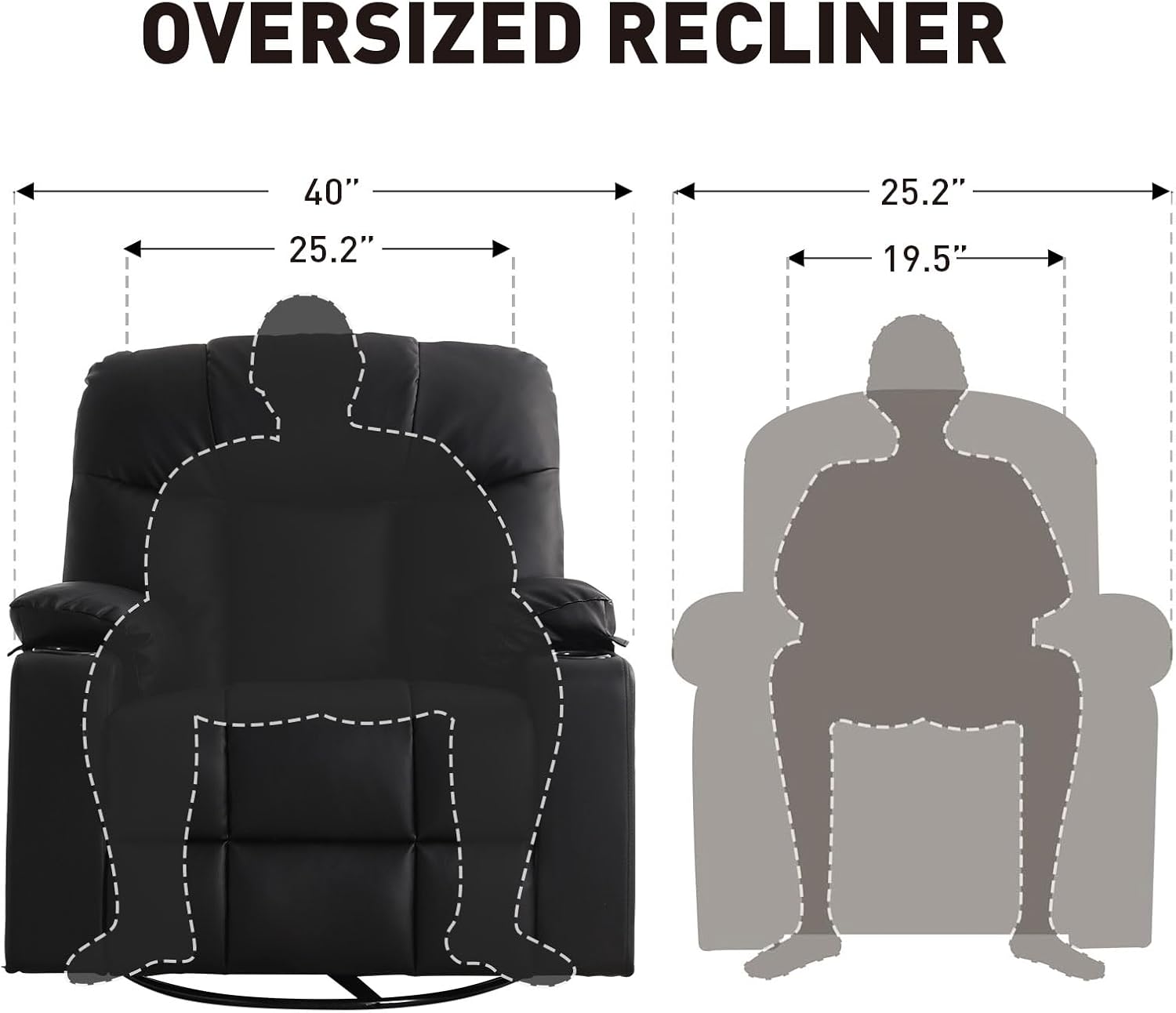 Bonzy Home Oversized Swivel Rocker Recliner, 40' Rocking Recliner Chair with Heated and Massage, PU Leather Single Sofa with Swivel Function, 2 Cup Holders for Living Room Bedroom, Black