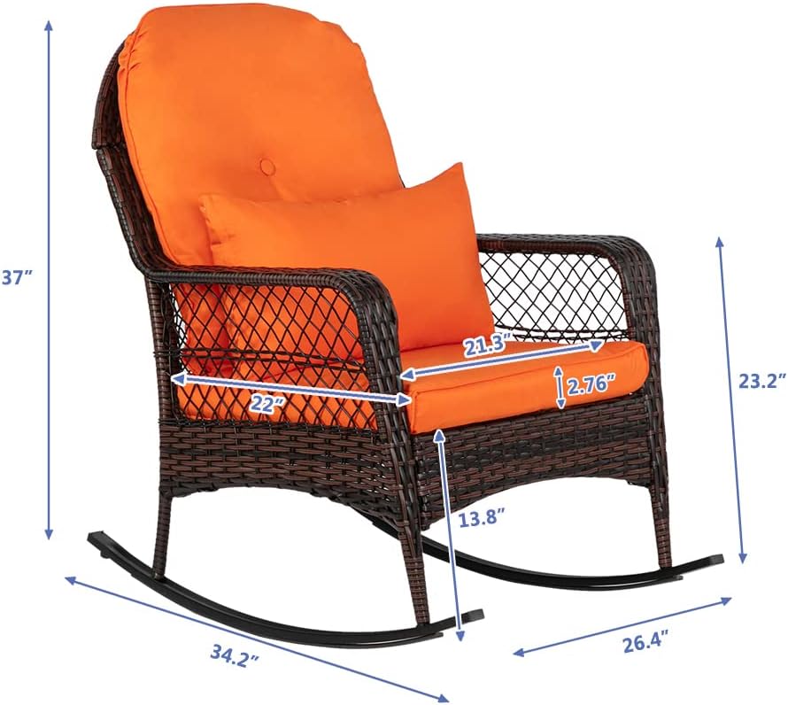 Outdoor Wicker Rocking Chair, Patio Rattan Rocker Chair with Cushions & Steel Frame, All-Weather Rocking Lawn Wicker Furniture for Garden Backyard Porch