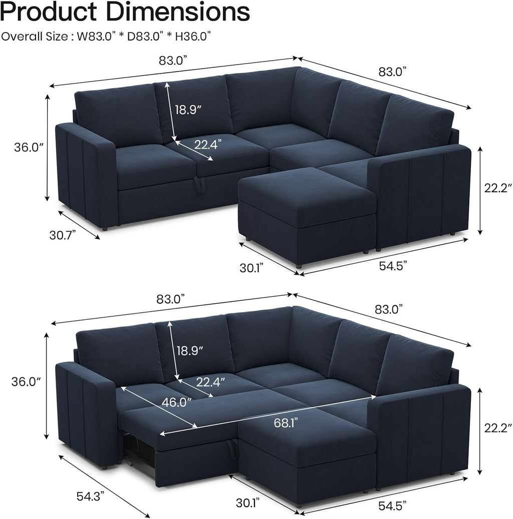 Belffin Modular Sectional Sofa with Sleeper Sofa Couch Pullout Bed, L Shaped 5 Seater Sleeper Sectional Couch with Storage Seat for Living Room, Blue