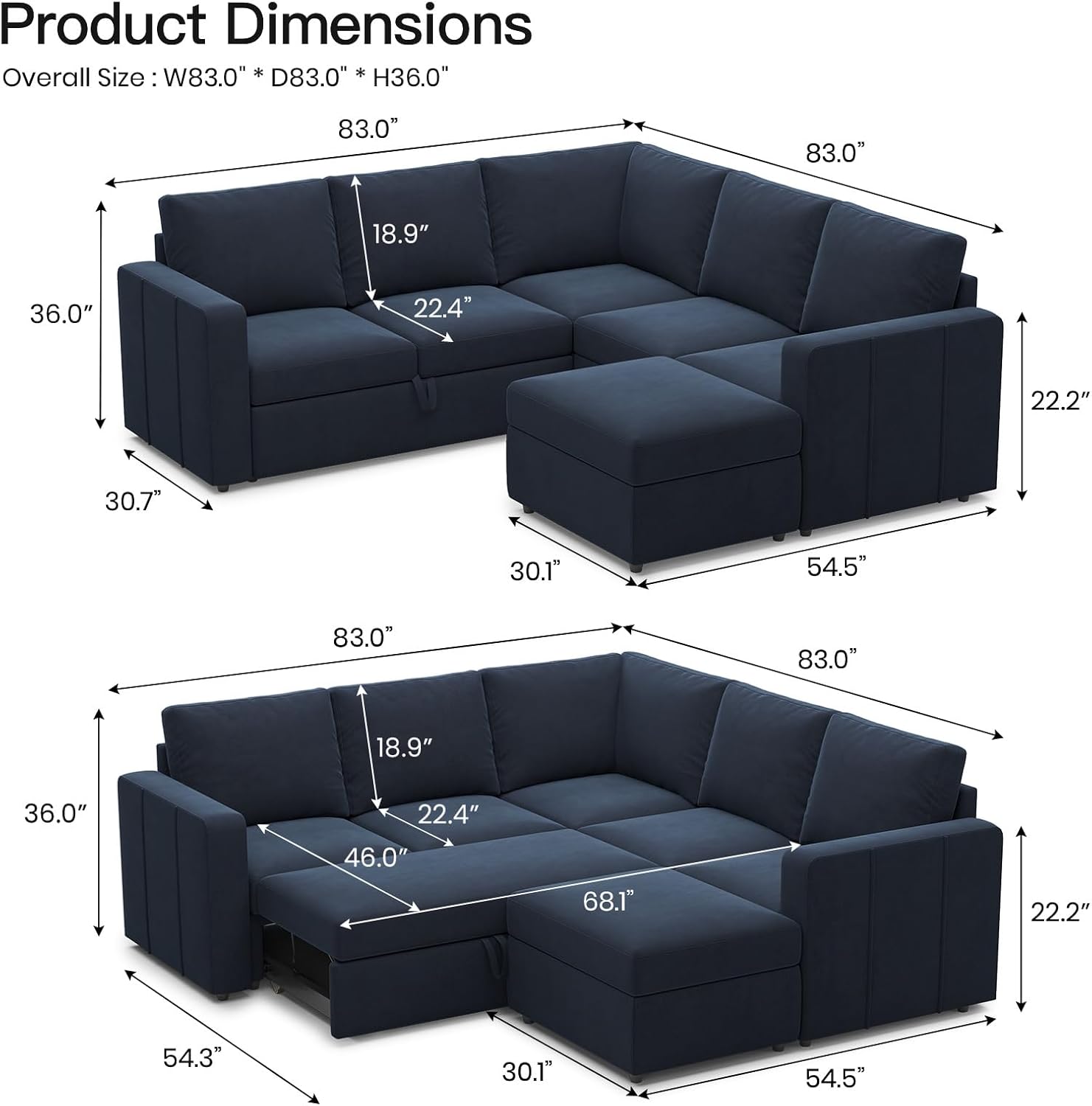 Belffin Modular Sectional Sofa with Sleeper Sofa Couch Pullout Bed, L Shaped 5 Seater Sleeper Sectional Couch with Storage Seat for Living Room, Blue