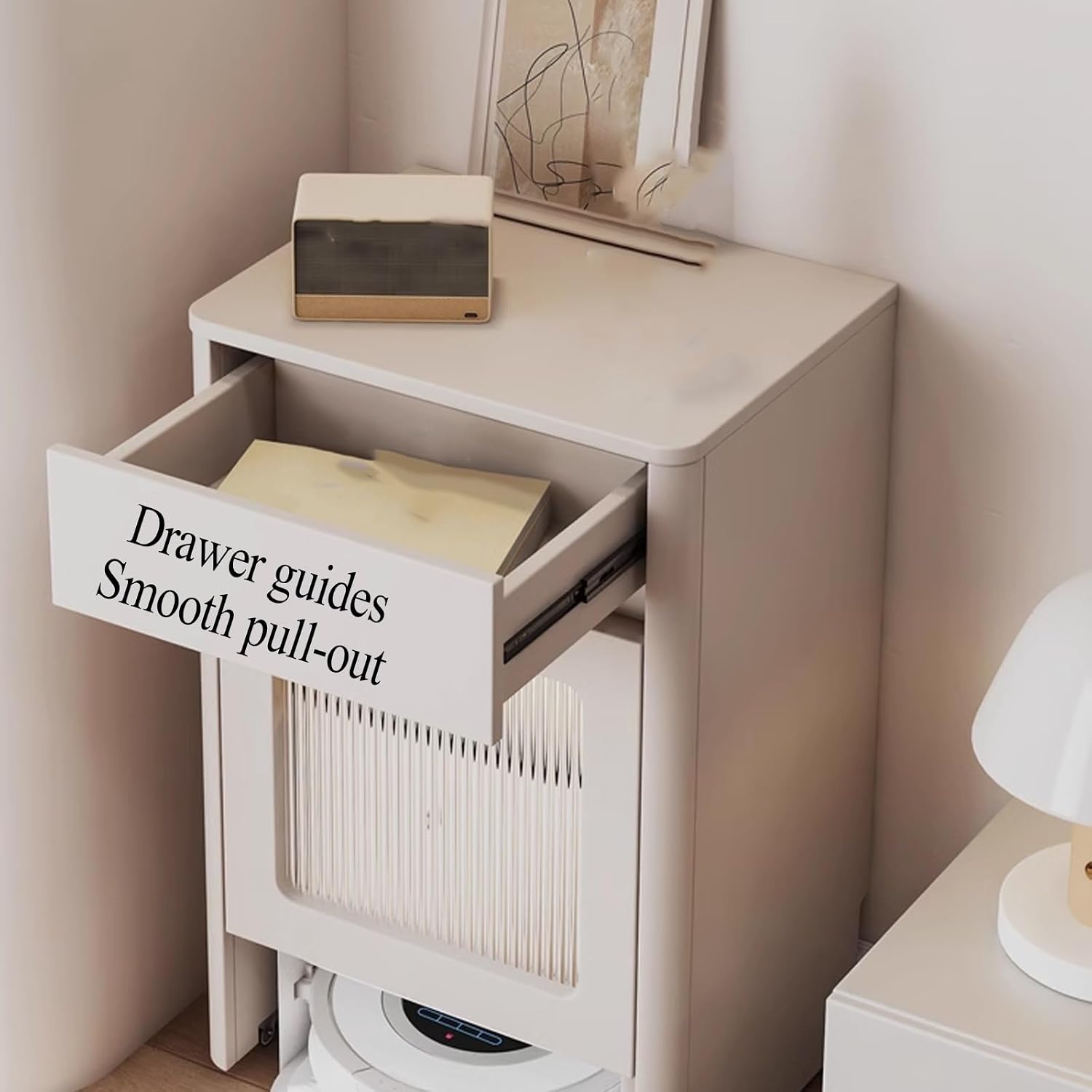 Wood Side Table with Drawer for Self Emptying Robot Vacuum Cleaner, Small Storage Cabinet with Wheels, Home Organizer 2-Door Freestanding Rack Space Saver(Natural)