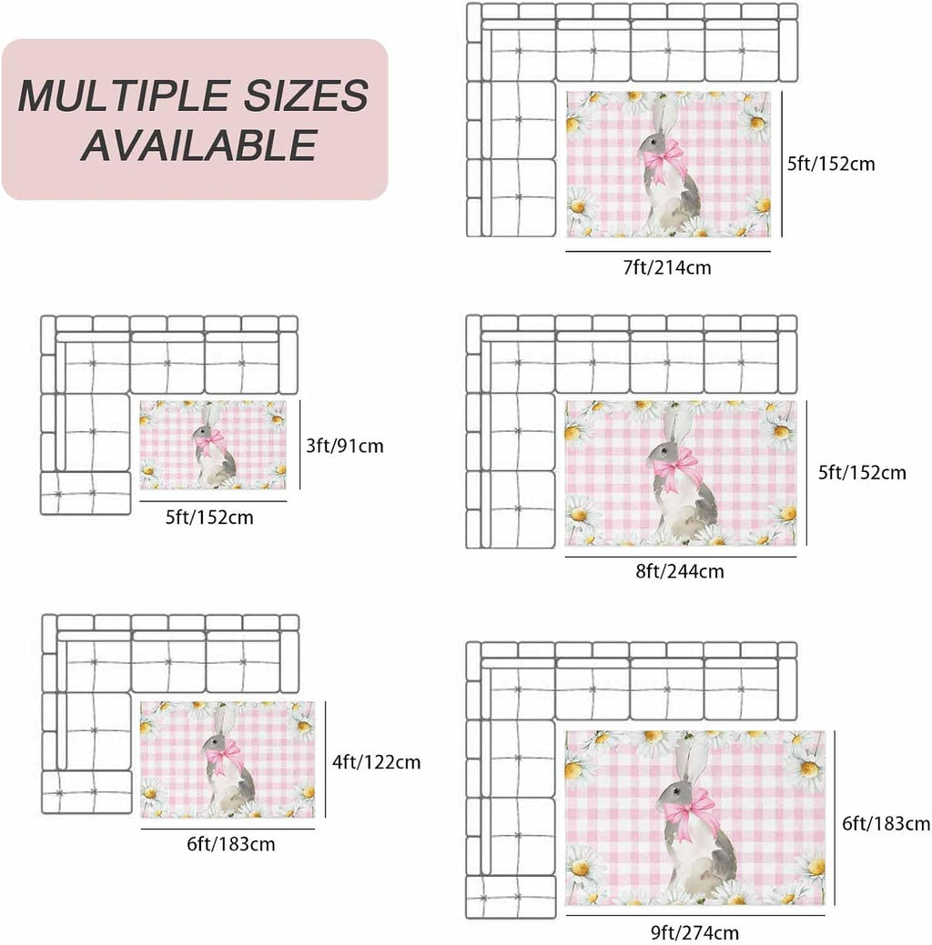 Blue Easter Bunny Outdoor Rug for Patio/Deck/Porch, Non-Slip Large Area Rug 5 x 7 Ft, Spring Daisy Modern Pink Buffalo Plaid Indoor Outdoor Rugs Washable Area Rugs, Camping Rug Carpet Runner