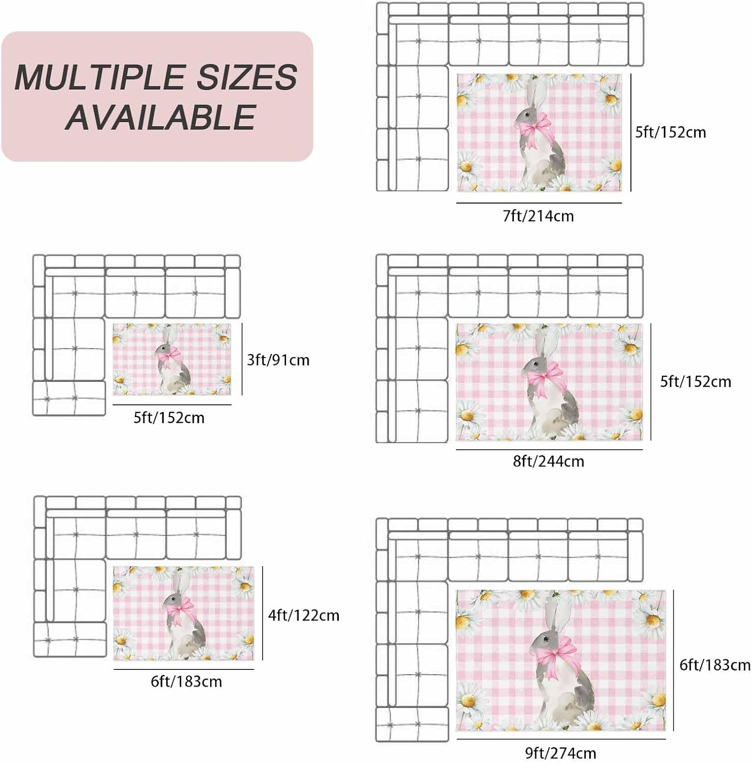 Blue Easter Bunny Outdoor Rug for Patio/Deck/Porch, Non-Slip Large Area Rug 4 x 6 Ft, Spring Daisy Modern Pink Buffalo Plaid Indoor Outdoor Rugs Washable Area Rugs, Camping Rug Carpet Runner