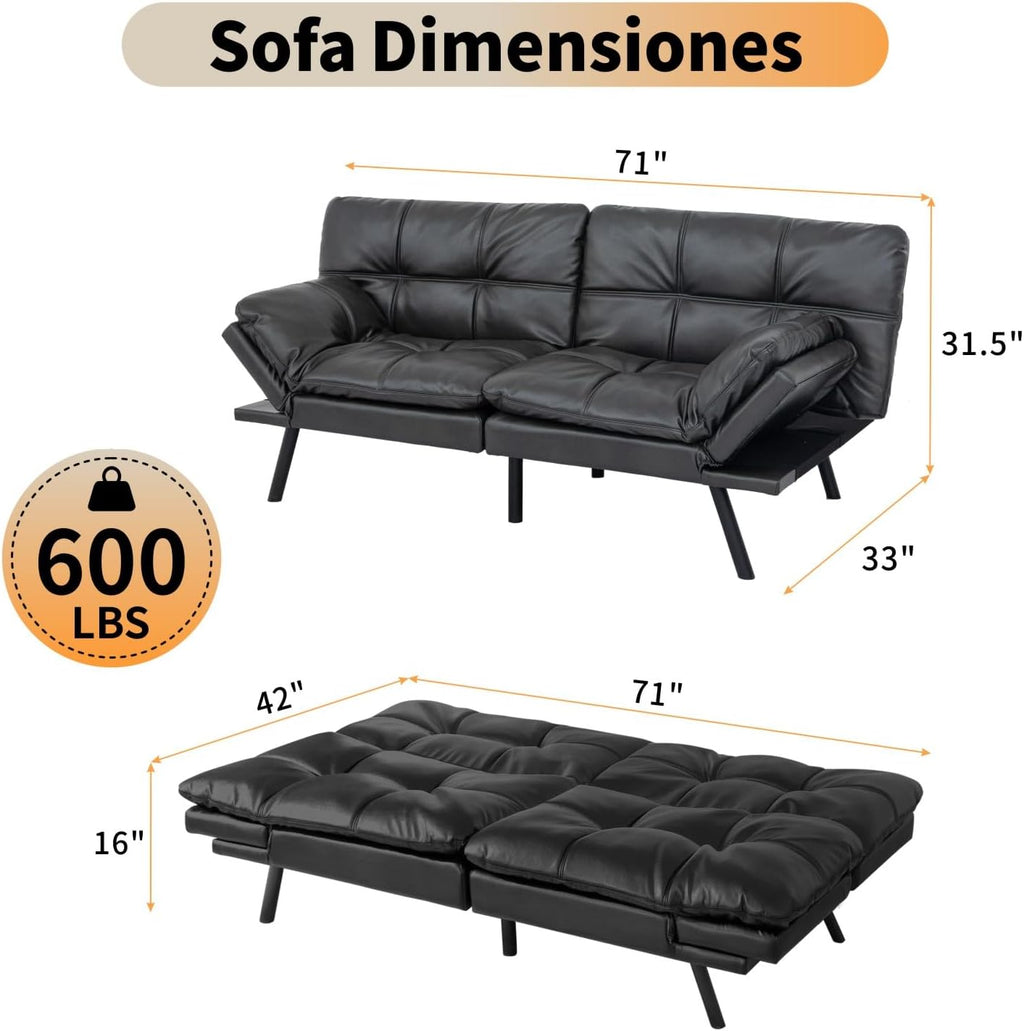 MUUEGM 71' Futon Sofa Bed, Modern Convertible Loveseat Sleeper, Faux Leather Couch with Adjustable Back & Arms for Small Spaces, Office & Apartment - Flat Black