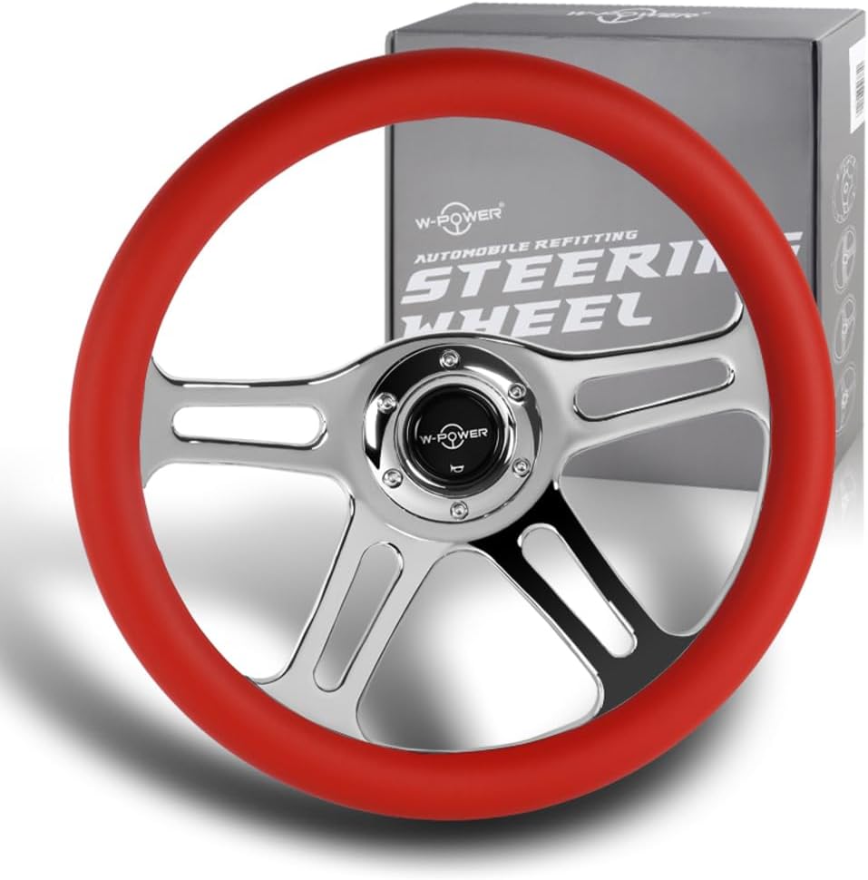 W-Power, 14' Universal 350mm 6 Bolt Hole Vintage Style with Aluminum Polished Special Leather Grip Steering Wheel, Black Horn Button, 4-Spoke (Red Leather/Chrome Spoke)