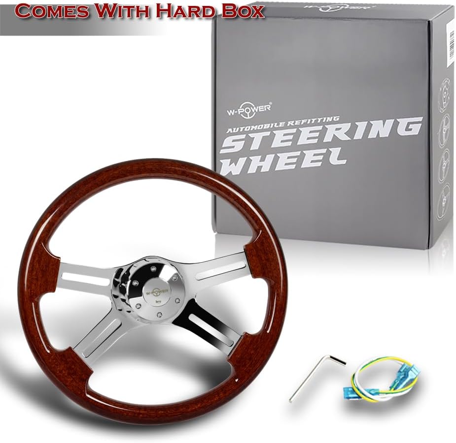 W-Power, 18' Universal 457mm 5 Bolt Hole 2 Inches Deep with Aluminum Polished Vintage Style Wood Grip Steering Wheel, Chrome Horn Button, 4 Spoke (Dark Wood Grip/Chrome Spoke)