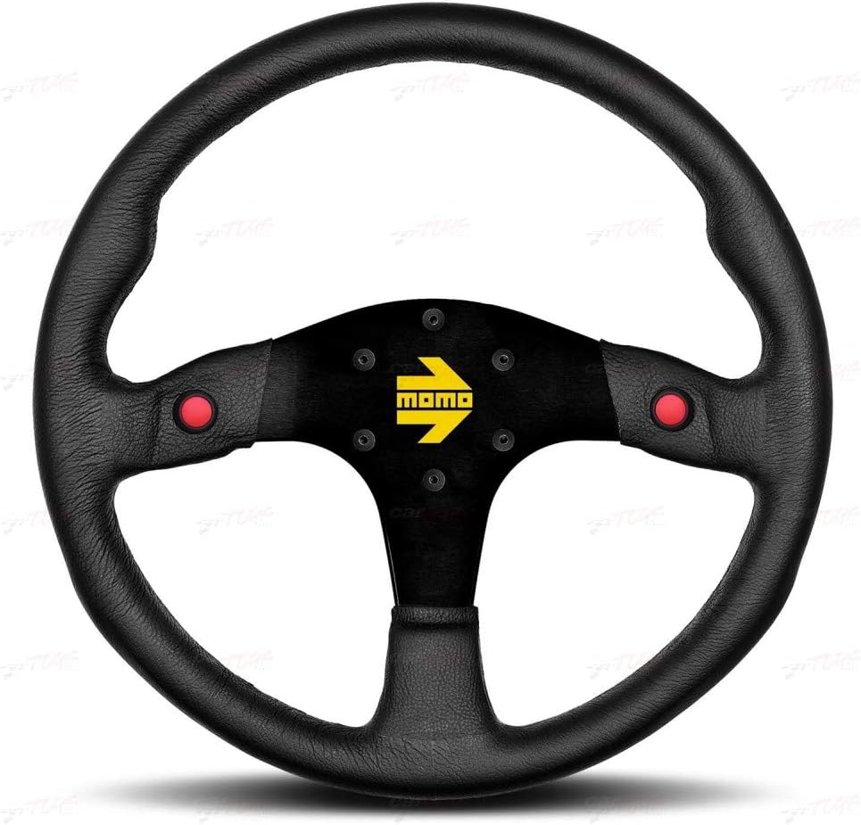 MOMO Motorsport MOD.80 Leather Racing Steering Wheel – 350mm, 33mm Deep Dish, 2 Buttons, 3-Spoke, 6-Bolt Aluminum Frame – Authentic MOMO Italian Aftermarket Wheel. Quick Release Hub Adapter Required