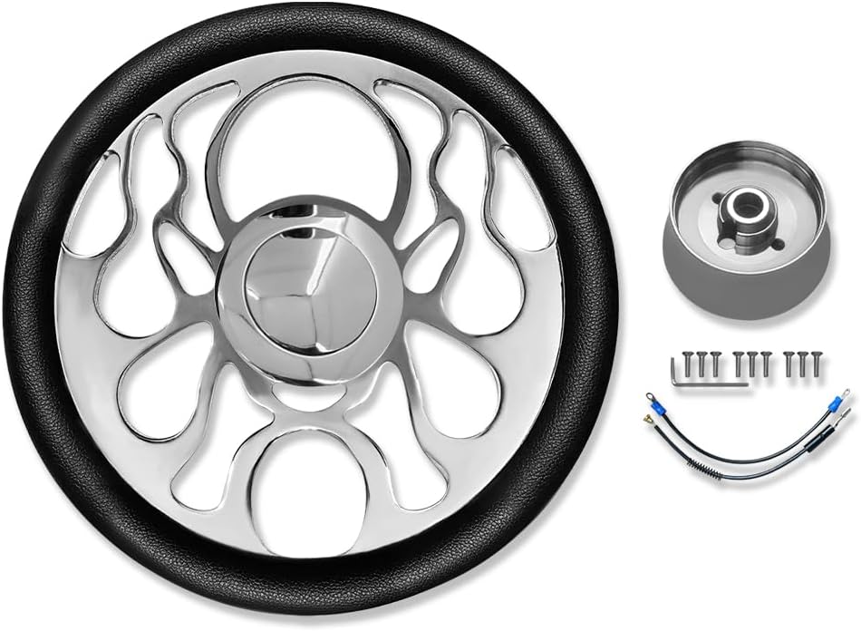 Chrome 14' Billet Aluminum 9 Holes Steering Wheel Flamed Style with Black Leather Half Wrap & Smooth Horn Button & Adapter