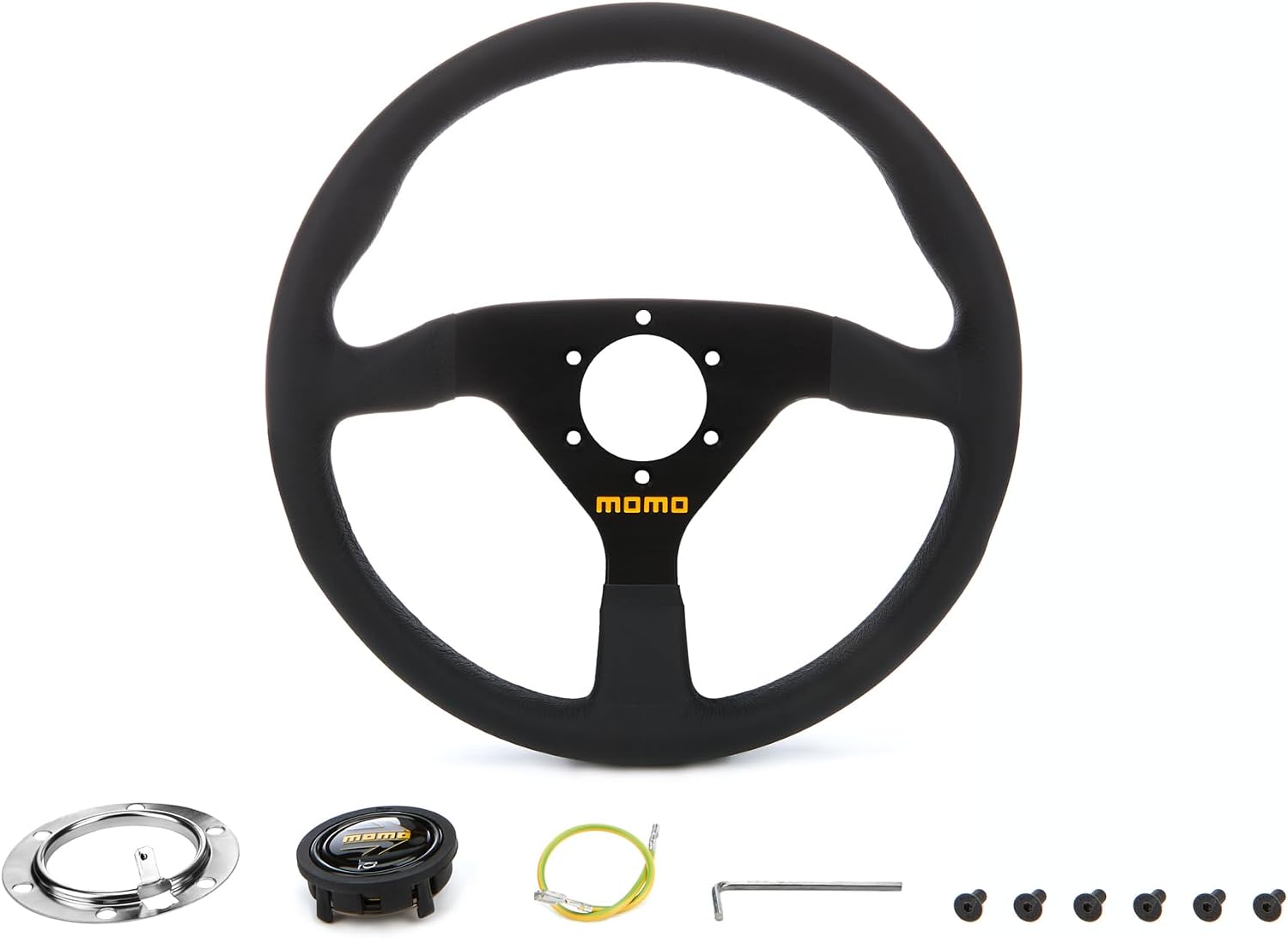 MOMO Motorsport MOD.78 Leather Racing Steering Wheel – 320mm, 40mm Dish, Yellow Horn, 3-Spoke, 6-Bolt Aluminum Frame – Authentic MOMO Italian Aftermarket Wheel, Quick Release Hub Adapter Required
