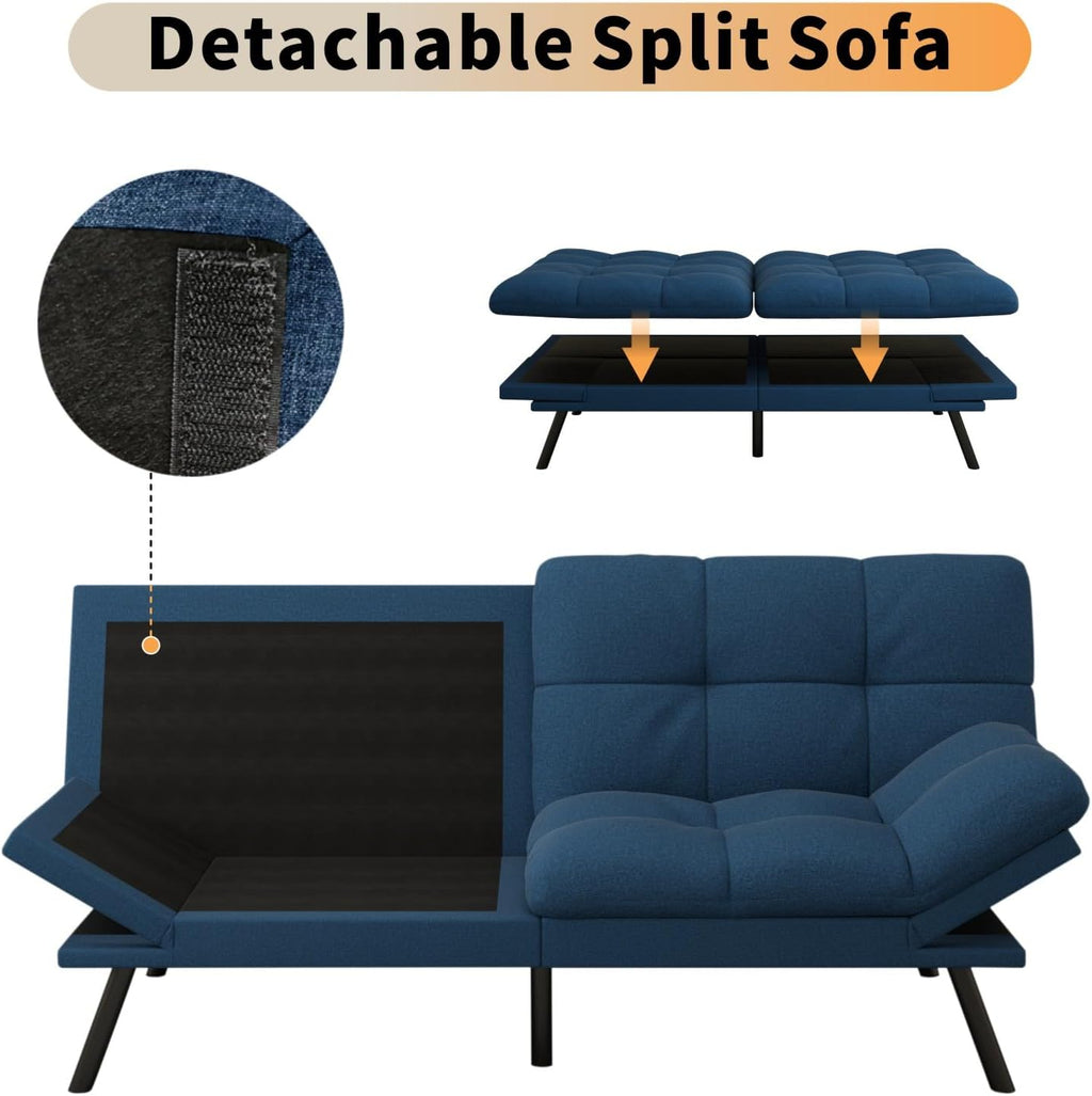 MUUEGM 71' Futon Sofa Bed, Cozy Convertible Loveseat Sleeper, Linen Fabric Couch with Adjustable Back & Arms for Living Room, Guest Room - Navy