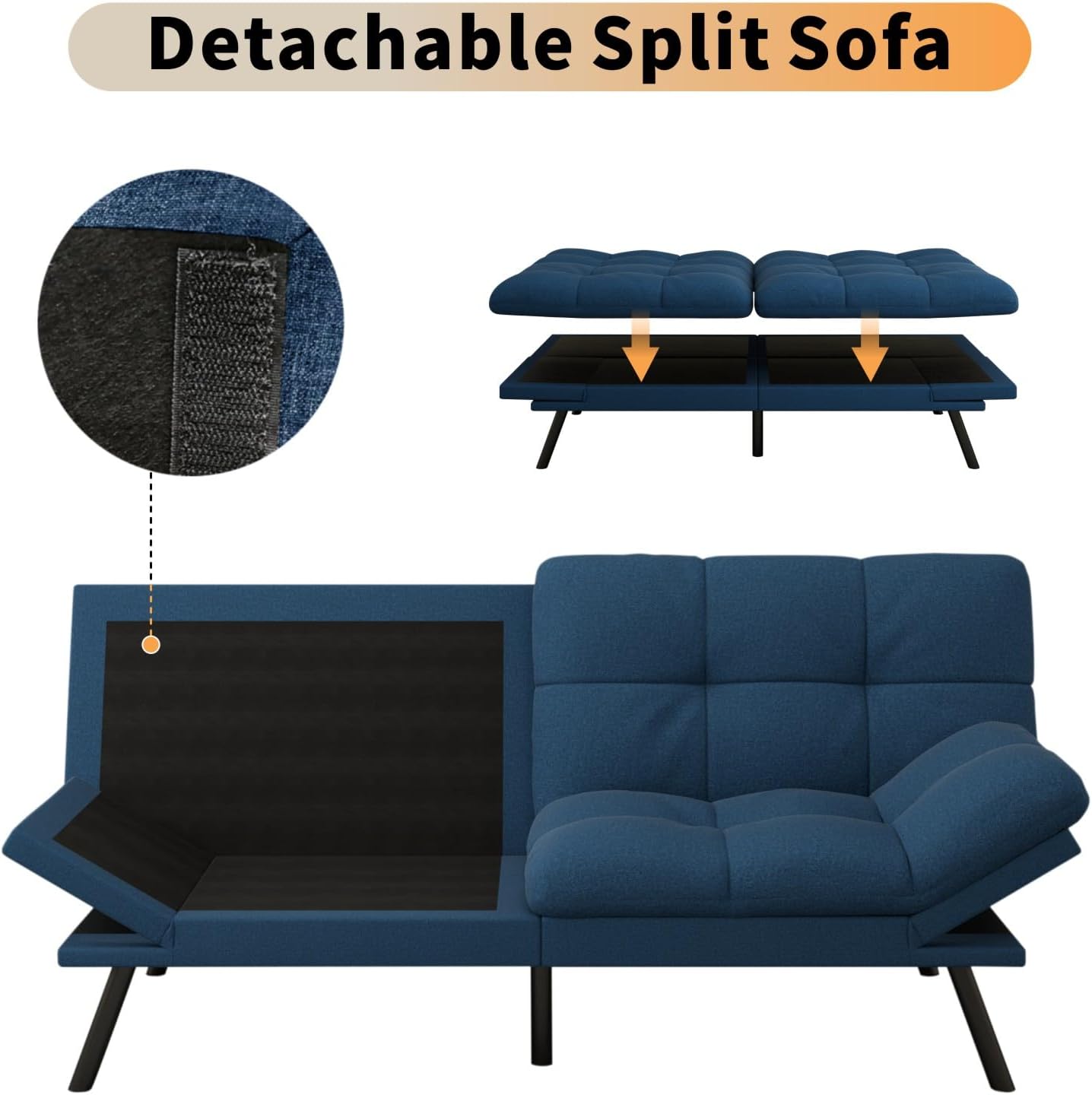 MUUEGM 71' Futon Sofa Bed, Cozy Convertible Loveseat Sleeper, Linen Fabric Couch with Adjustable Back & Arms for Living Room, Guest Room - Navy