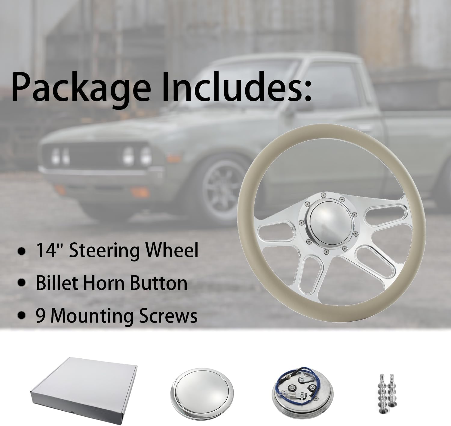 14'' Billet 4-slot Half Wrap 9 Bolts Steering Wheel with 2'' Dish and Horn Button Compatible with Chevy, Ford, GM (Tan)