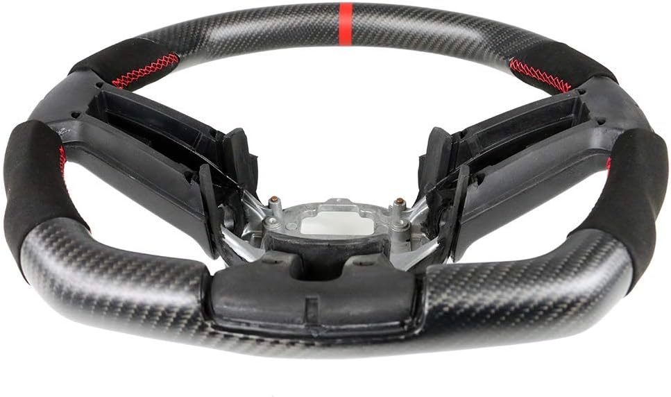 IKON MOTORSPORTS, Steering Wheel Compatible With 2010-2014 Ford Mustang, Matte Carbon Fiber MCF & Synthetic Suede Steering Wheel Brushed Kit With Red Stitching & Indicator, 2011 2012 2013