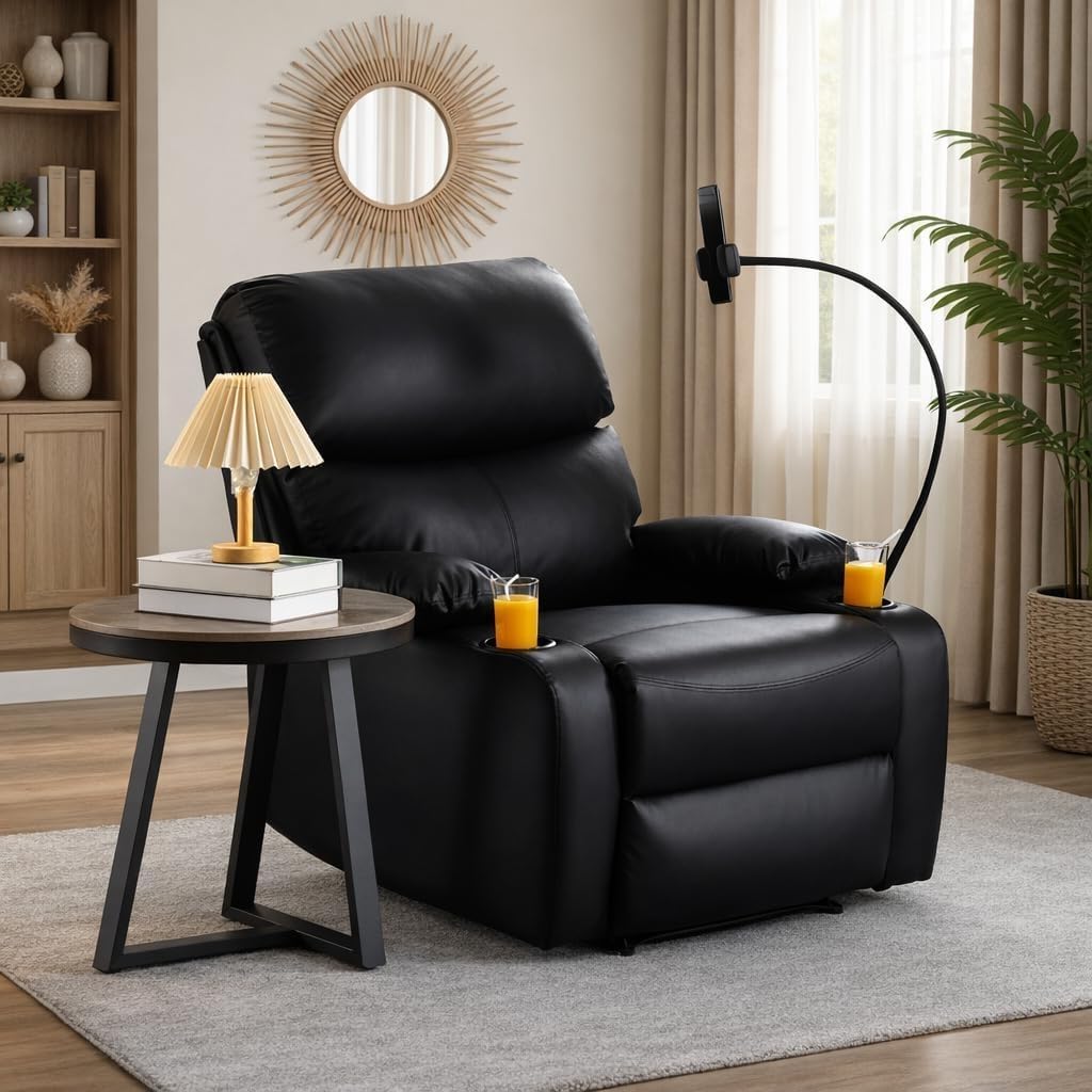 Recliner Chair, Oversized Reclining Chair with Phone Holder & 2 Cup Holders, Leather Wide Rocker Chair for Adults, Single Reclining Sofa Recliner for Living Room, Office, Theater Seating