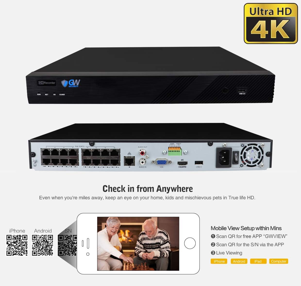 GW Security 16 Channel 4K NVR 8MP AI Human & Vehicle Detection Security Camera System with 16 UHD 4K 2160P Microphone PoE Outdoor/Indoor Waterproof IP Security Bullet Cameras (White)