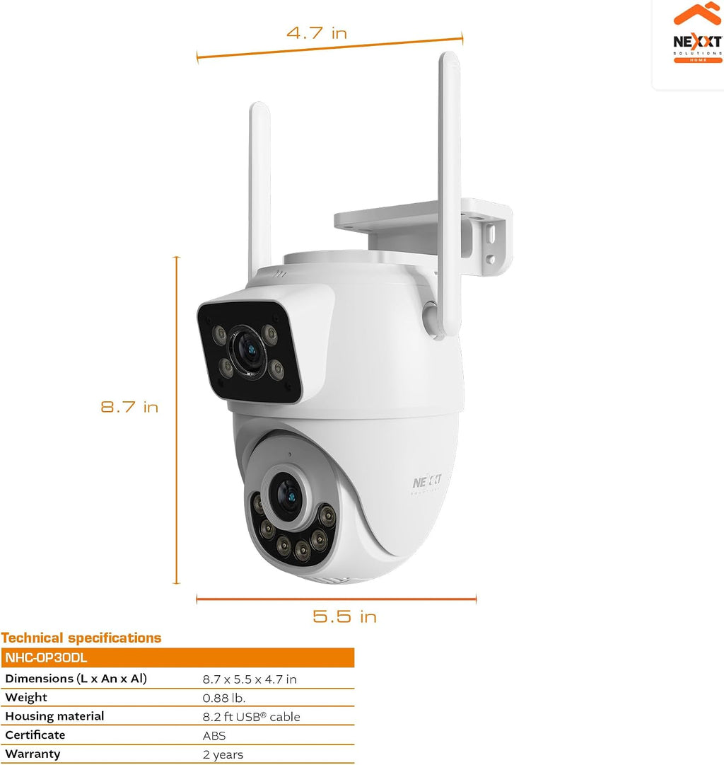 Nexxt Solutions Smart Dual Lens PTZ Wi-Fi Outdoor Security Camera | 2K Dual View Surveillance with Human Detection, Night Vision | Two-Way Audio, 80dB Siren, IP65 Weatherproof, microSD Storage