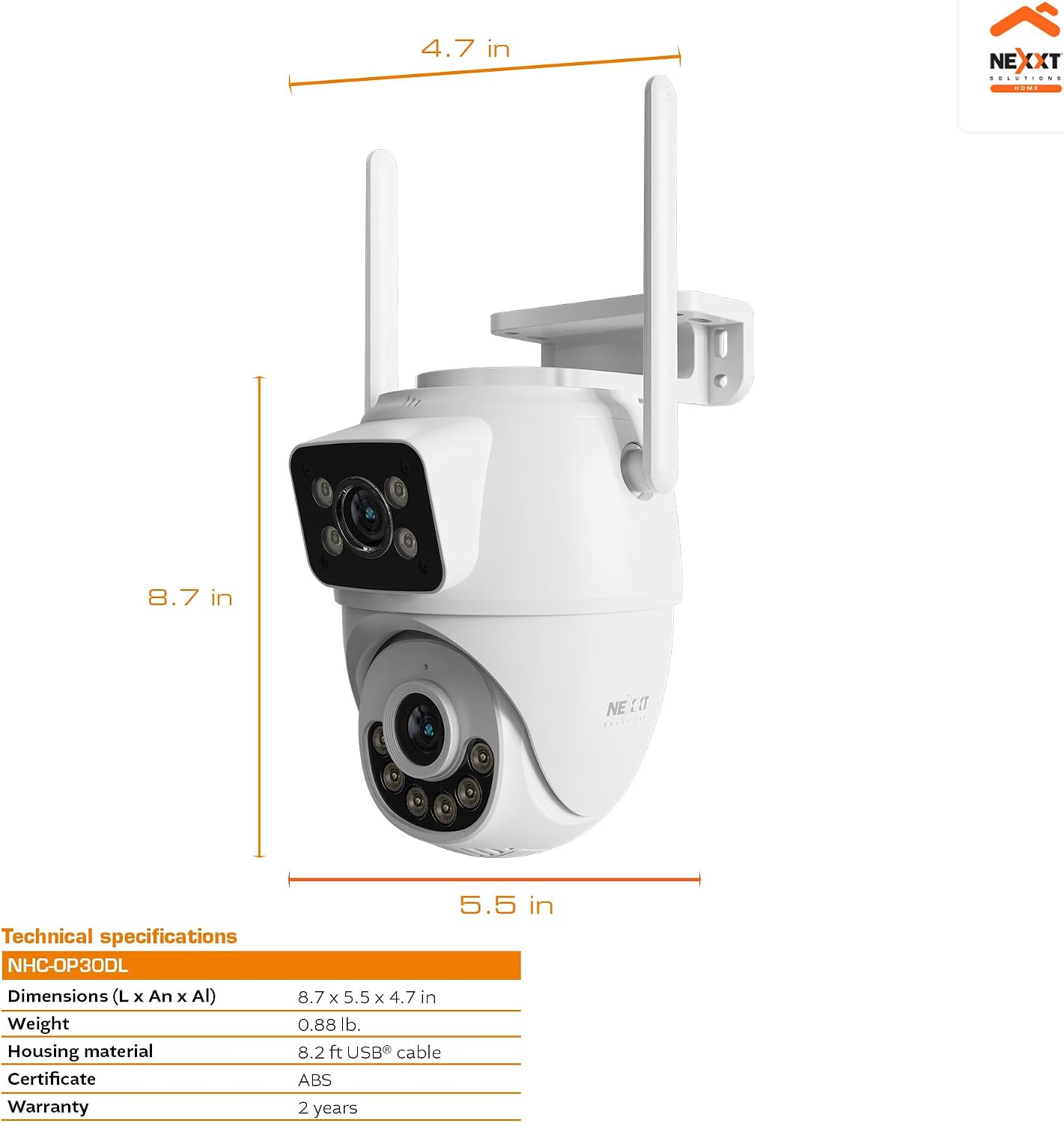 Nexxt Solutions Smart Dual Lens PTZ Wi-Fi Outdoor Security Camera | 2K Dual View Surveillance with Human Detection, Night Vision | Two-Way Audio, 80dB Siren, IP65 Weatherproof, microSD Storage