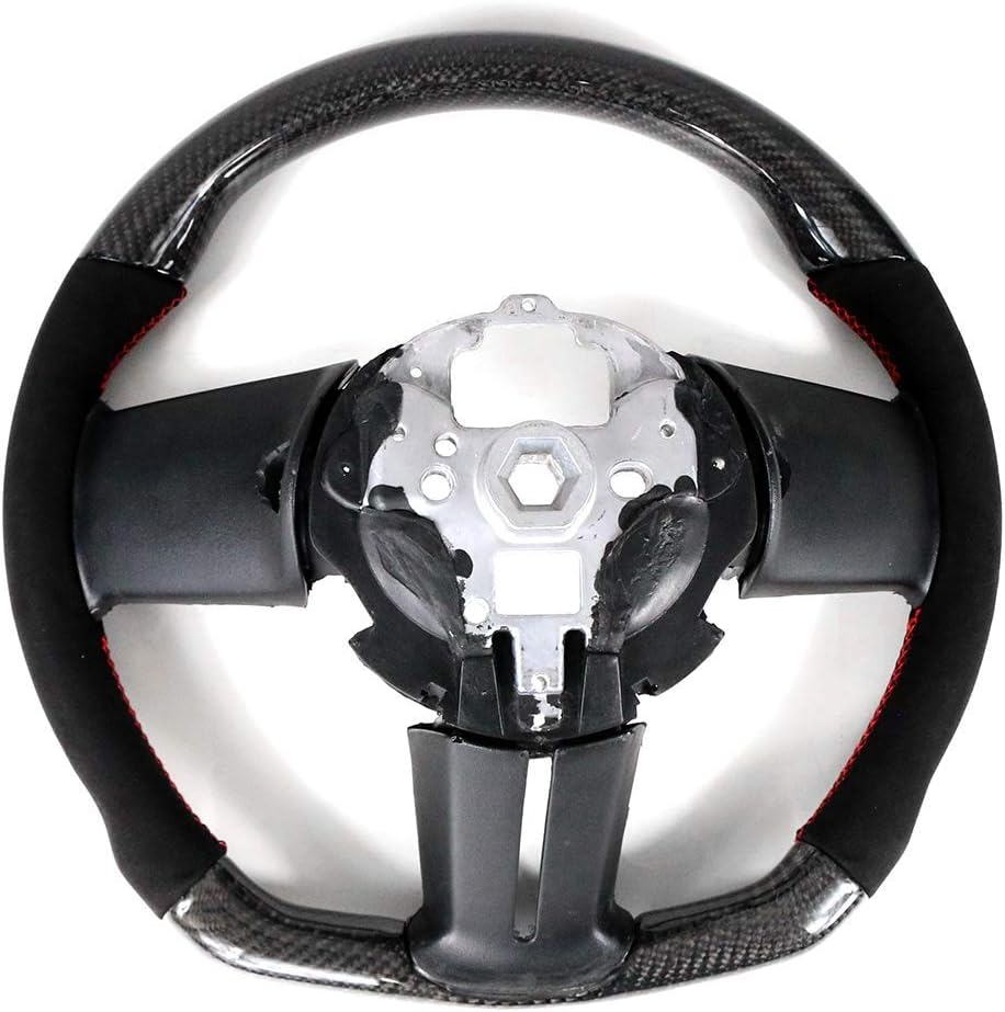 IKON MOTORSPORTS, Steering Wheel Compatible With 2010-2014 Ford Mustang, Black Carbon Fiber & Synthetic Suede Steering Wheel Brushed Kit With Red Stitching, 2011 2012 2013