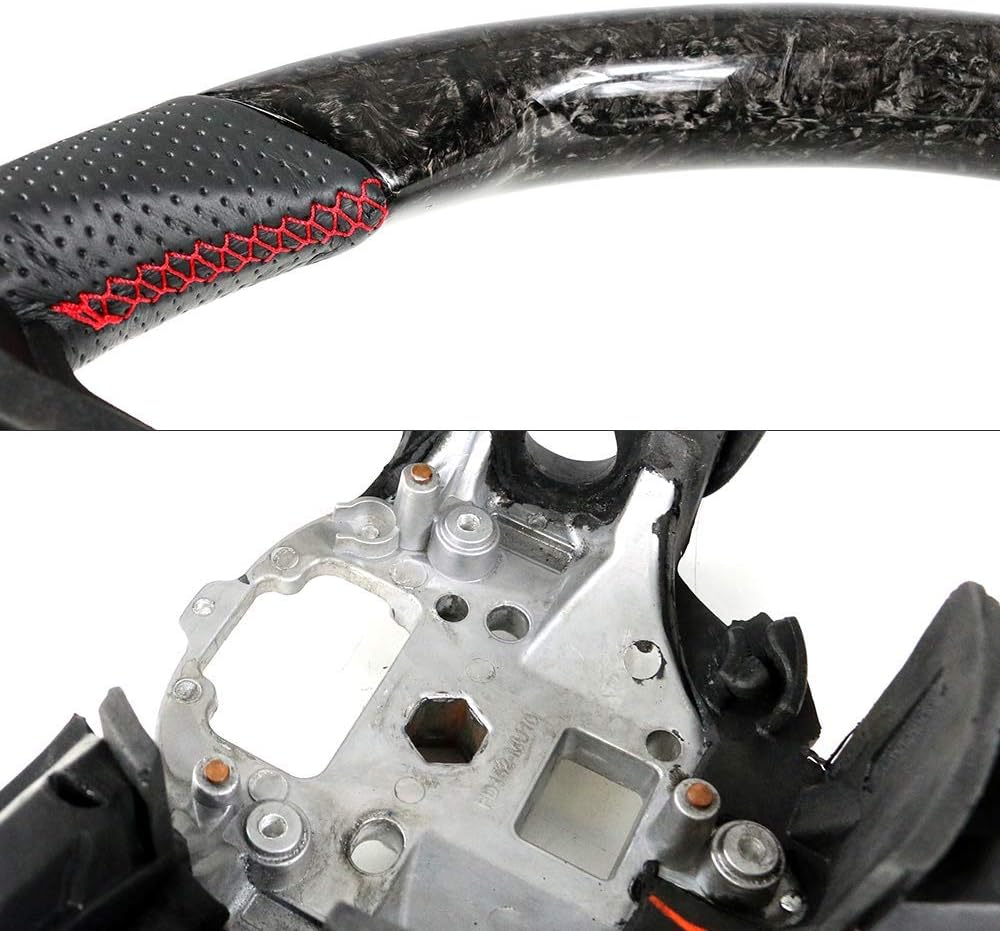 IKON MOTORSPORTS, Steering Wheel Compatible With 2010-2014 Ford Mustang, Black Forged Carbon Fiber & Perforated Leather Steering Wheel Brushed Kit With Red Stitching, 2011 2012 2013