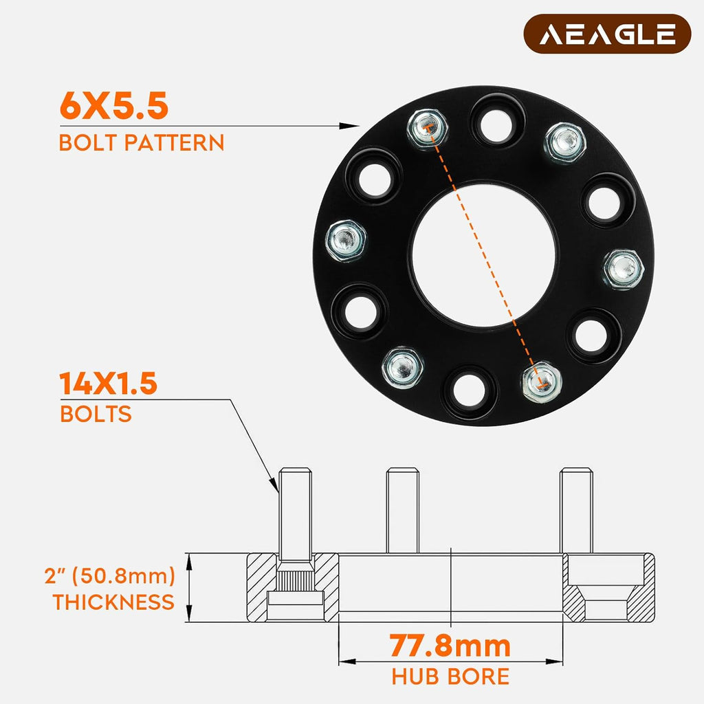 Aeagle 6X5.5 Hubcentric Wheel Adapters 2' for 2019-2022 Ram 1500, 6x139.7 Forged 6 Lug Wheel Spacers with 14x1.5 Studs 77.8mm Bore 4PCS