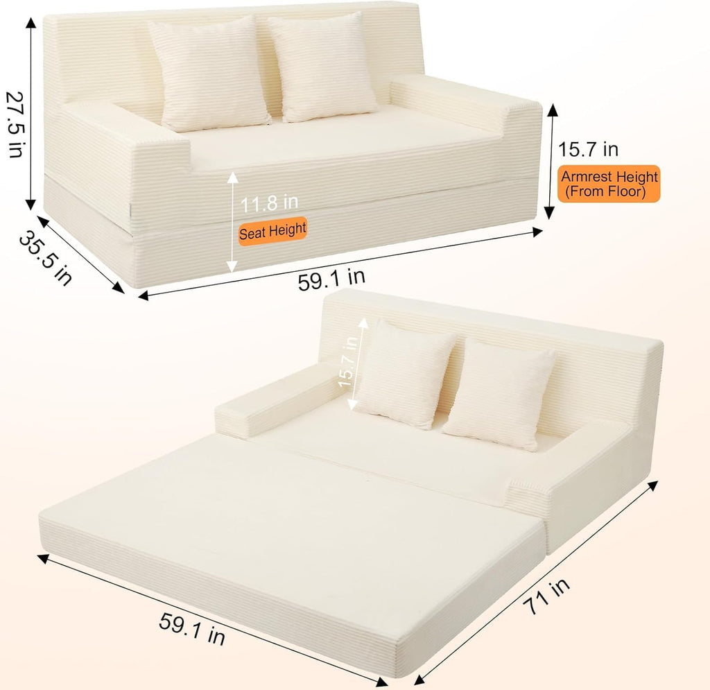 MeMoreCool Boneless Folding Queen Sofa Bed – Corduroy Convertible Futon Sleeper Couch with Foam Core & Pillow, Washable Cover, Space-Saving Floor Sofa for Living Room, Guest Bedroom, Apartment