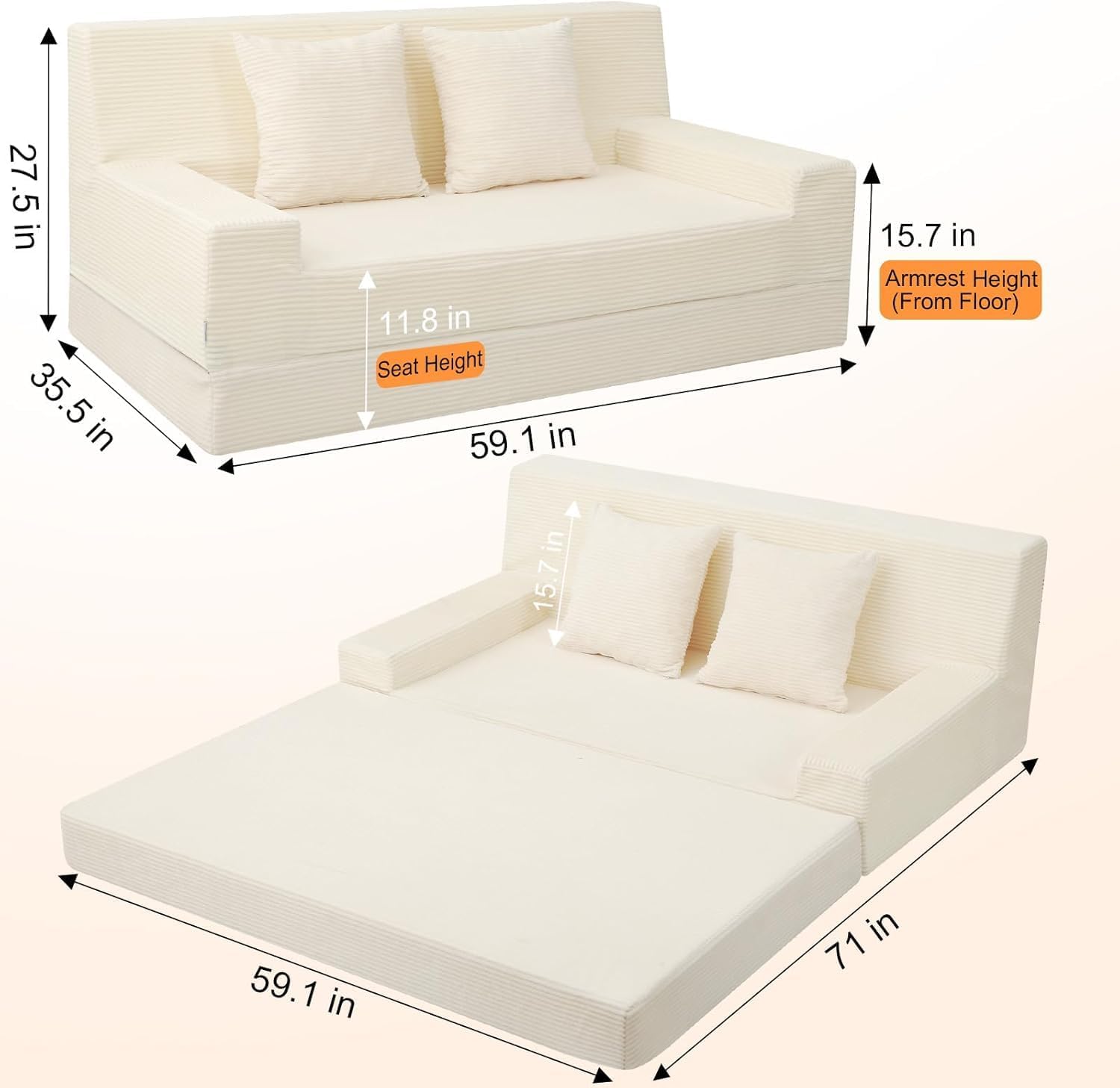 MeMoreCool Boneless Folding Queen Sofa Bed – Corduroy Convertible Futon Sleeper Couch with Foam Core & Pillow, Washable Cover, Space-Saving Floor Sofa for Living Room, Guest Bedroom, Apartment
