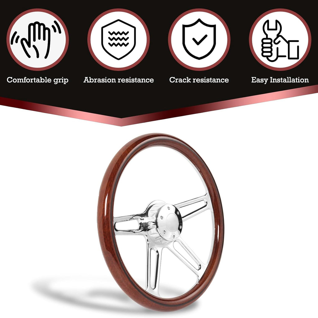 18' Solid Wood lacquering Truck Steering Wheel Chrome-Plated Aluminum Alloy 5-Bolt,Deep Dish 50mm,Fit for Kenworth for Peterbilt for Freightliner for Volvo Trucks Dark Wood Grip Steering Wheel