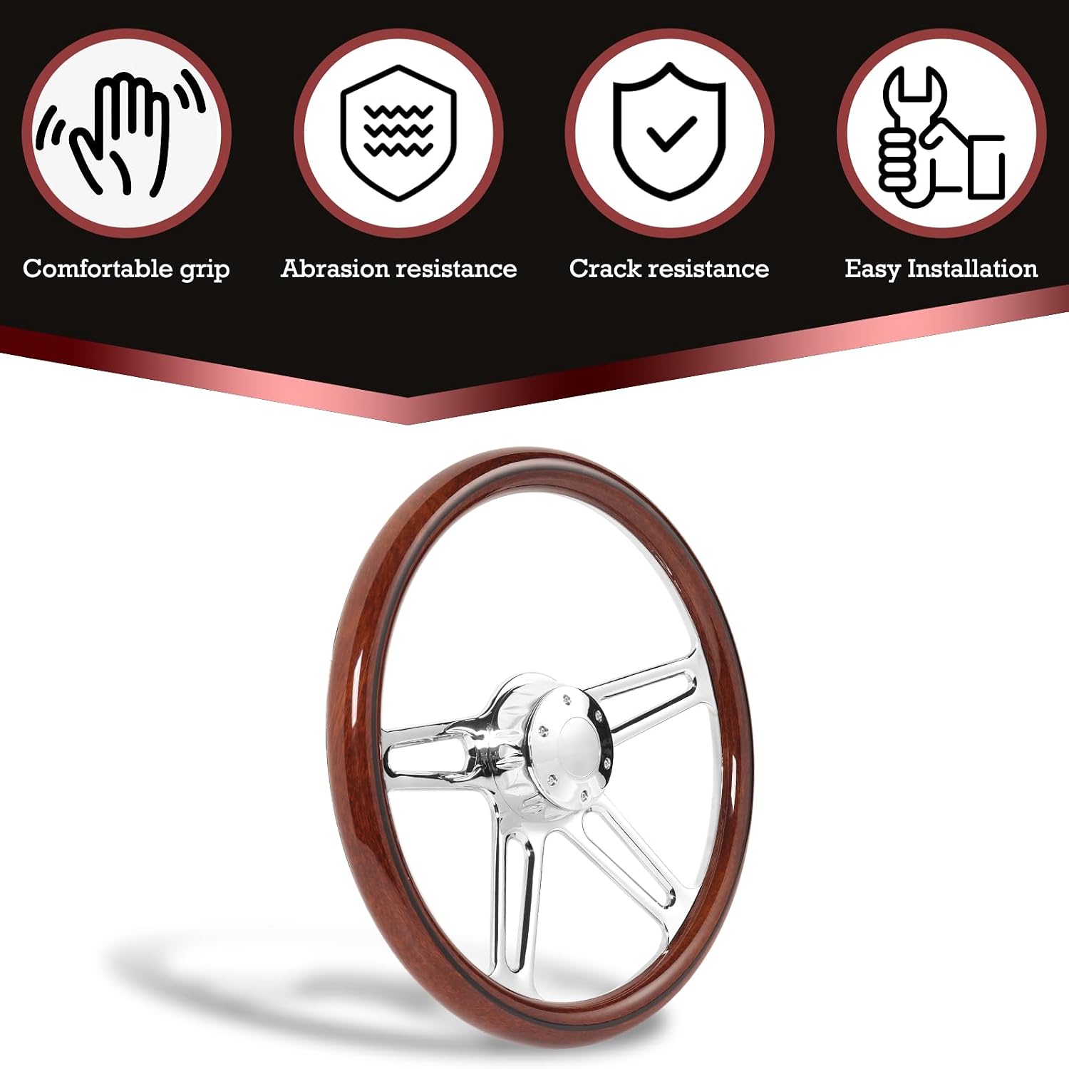 18' Solid Wood lacquering Truck Steering Wheel Chrome-Plated Aluminum Alloy 5-Bolt,Deep Dish 50mm,Fit for Kenworth for Peterbilt for Freightliner for Volvo Trucks Dark Wood Grip Steering Wheel