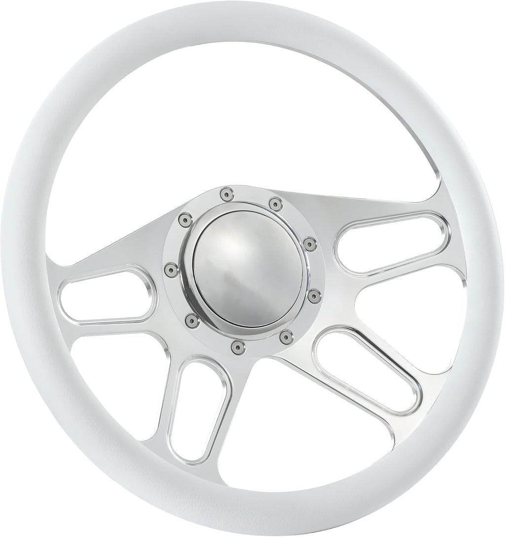 14'' Billet 4-slot Half Wrap 9 Bolts Steering Wheel with 2'' Dish and Horn Button Compatible with Chevy, Ford, GM (White)