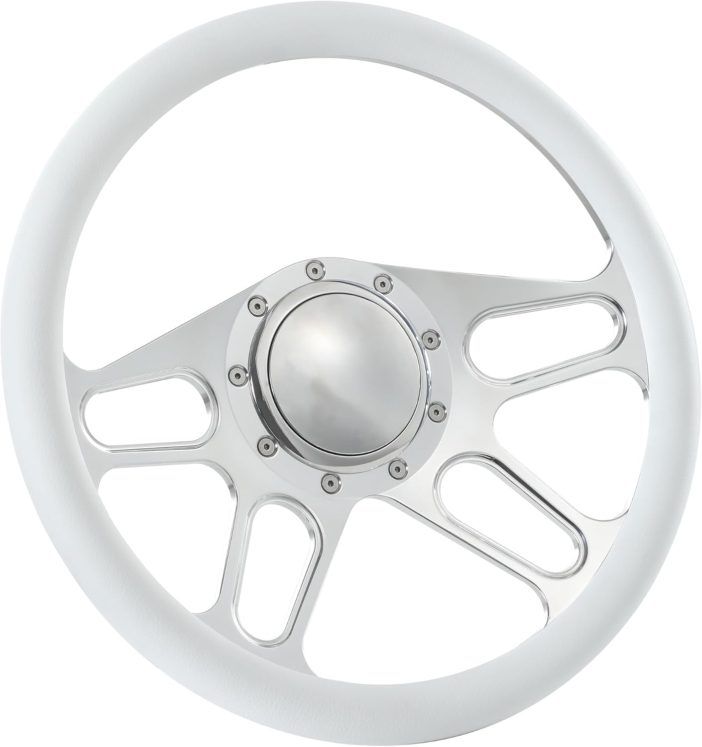 14'' Billet 4-slot Half Wrap 9 Bolts Steering Wheel with 2'' Dish and Horn Button Compatible with Chevy, Ford, GM (White)