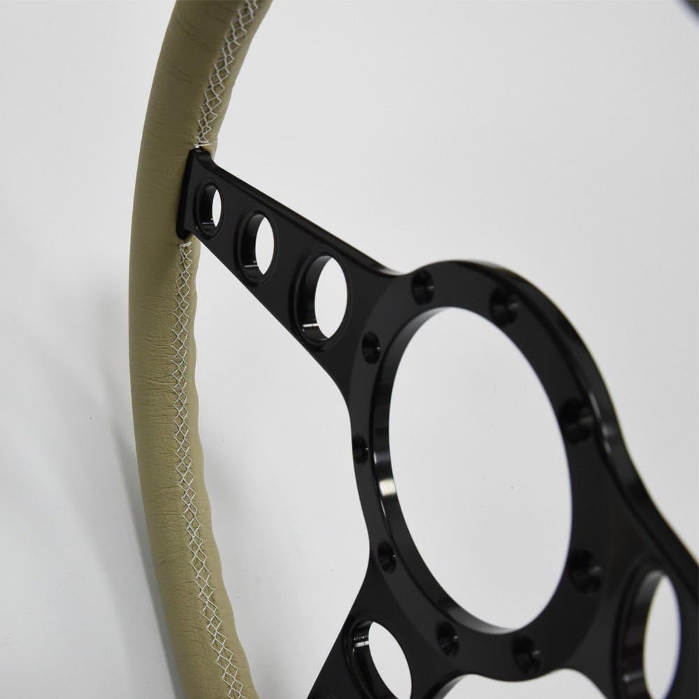 14'' Billet Steering Wheel Tan Full Wrap w/Horn button | 9 bolt, 6061 T6 Aluminum, 2'' Dish, Black Anodized, Vinyl, Cruisin, Compatible with Chevy, Hot Rod, Muscle Car