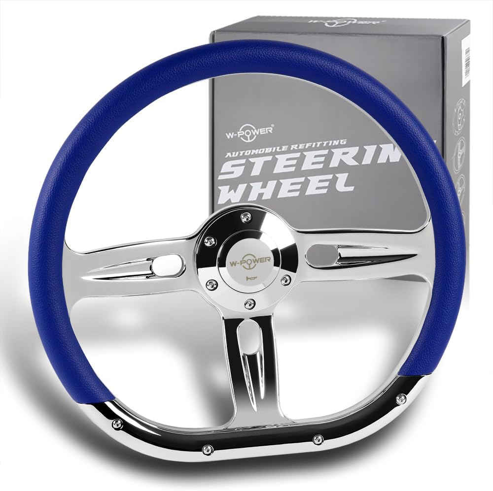 W-Power, 14' Universal 350mm 6 Bolt Hole Aluminum Polished Vinyl Wrap Leather Trim Steering Wheel, Chrome Horn Button JDM Euro VIP Style, 2' Deep (Blue Vinyl Wrap Leather)