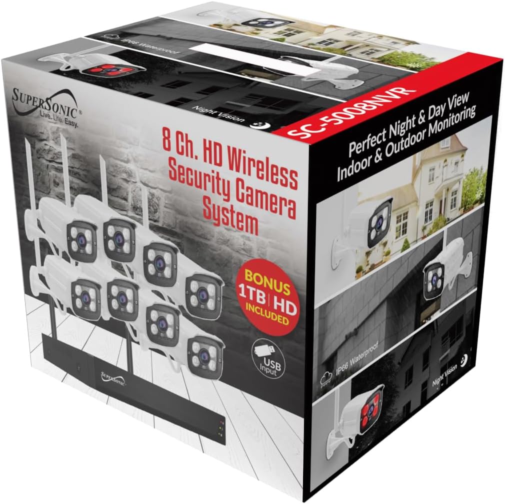 Supersonic SC-5008NVR 8-Channel 1080P NVR Security Camera System with 1TB HDD- WiFi IP Cameras, 4mm Lens, H.265+, Dual Stream, Night Vision, Motion Detection, Remote Viewing, Indoor/Outdoor Use