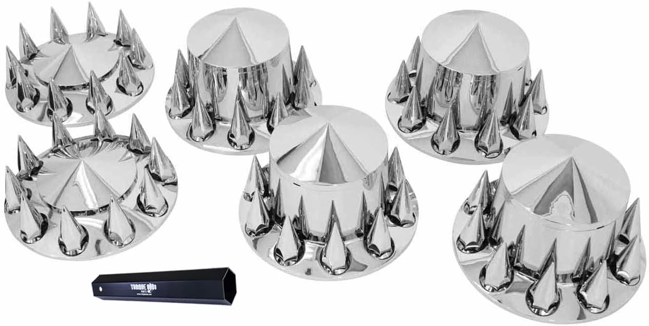 TORQUE Chrome Spiked Front and Rear Axle Complete Wheel Cover Set 33mm Screw-on Lug Nut Covers for Semi Trucks (Installation Tool Included) Standart Hub Caps Kit (2 Front & 4 Rear) (TR571)