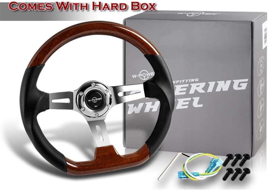 W Power Exclusive 13.5' Dark Wood Grip 6 Lug Bolt Hole Chrome 3-Spoke Vintage 343mm Steering Wheel