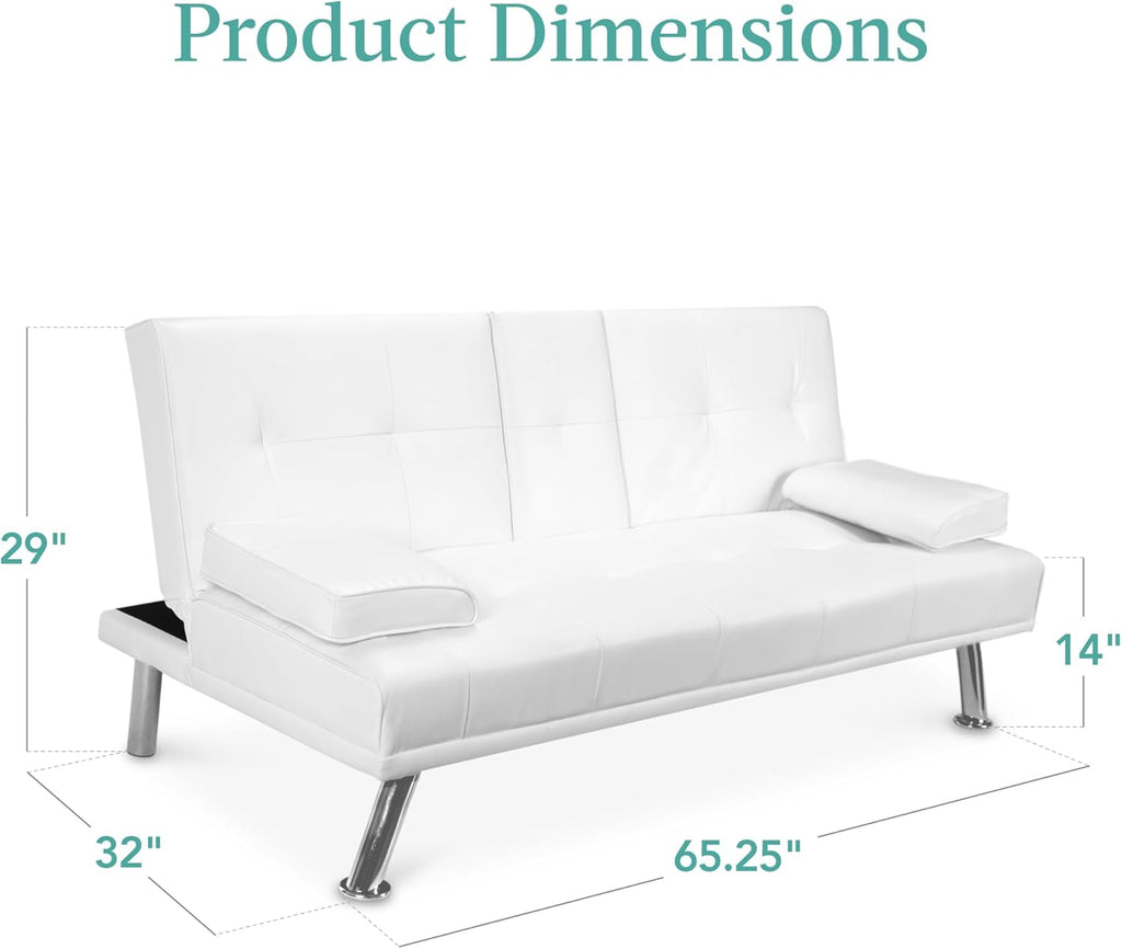 Best Choice Products Faux Leather Upholstered Modern Convertible Futon, Adjustable Folding Sofa Bed, Guest Bed w/Removable Armrests - White