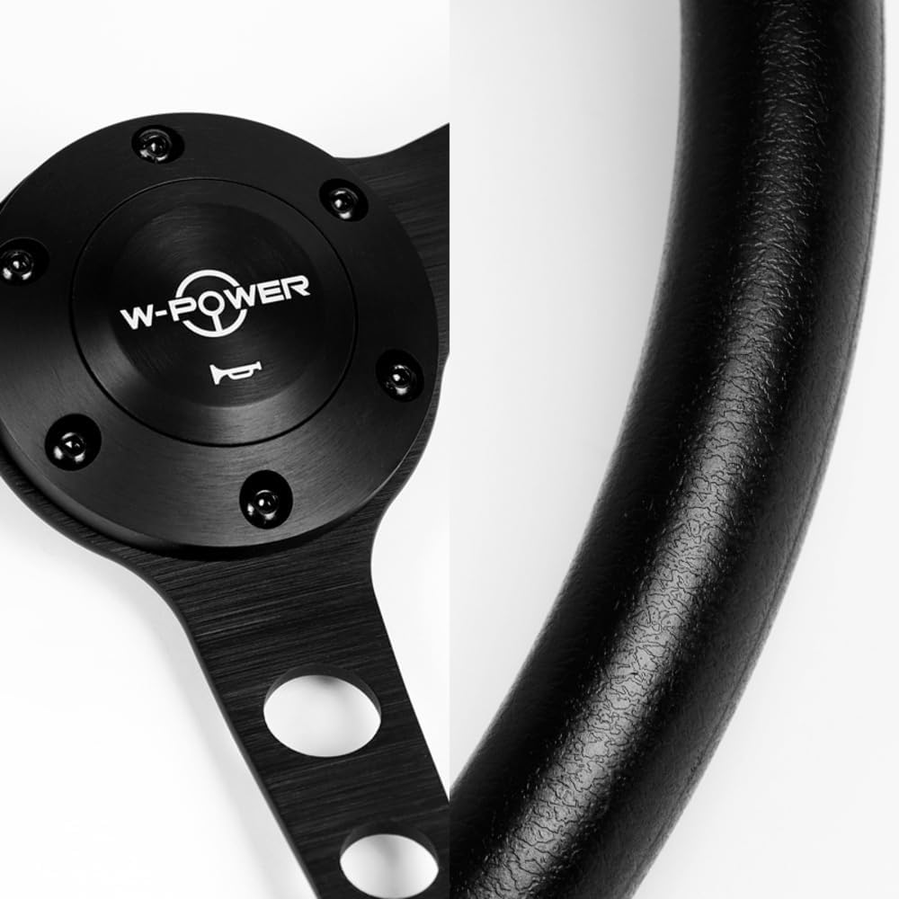 W-Power 15' Reinforced Aluminum Steering Wheel, Black Vinyl Wrap Trim, 380mm 6 Bolt Hole, JDM Euro VIP Style, 3' Deep, Matt Black Spoke, Horn Button (3-SW-8976-BK-G1)