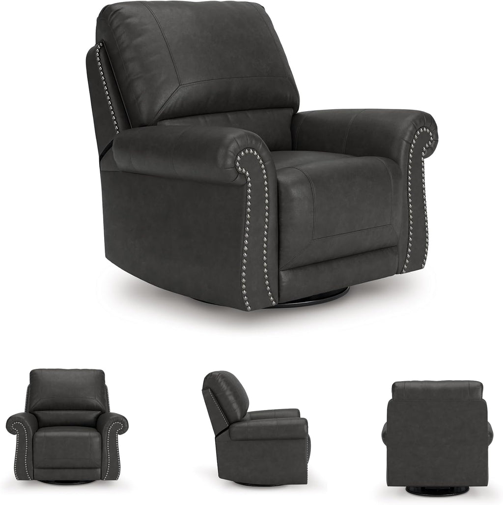 Signature Design by Ashley Shadsburne Classic Faux Leather Manual Rocker Swivel Glider Recliner with Nailhead Trim, Reinforced Frame and Metal Seat Box, 360-Degree Swivel, Black