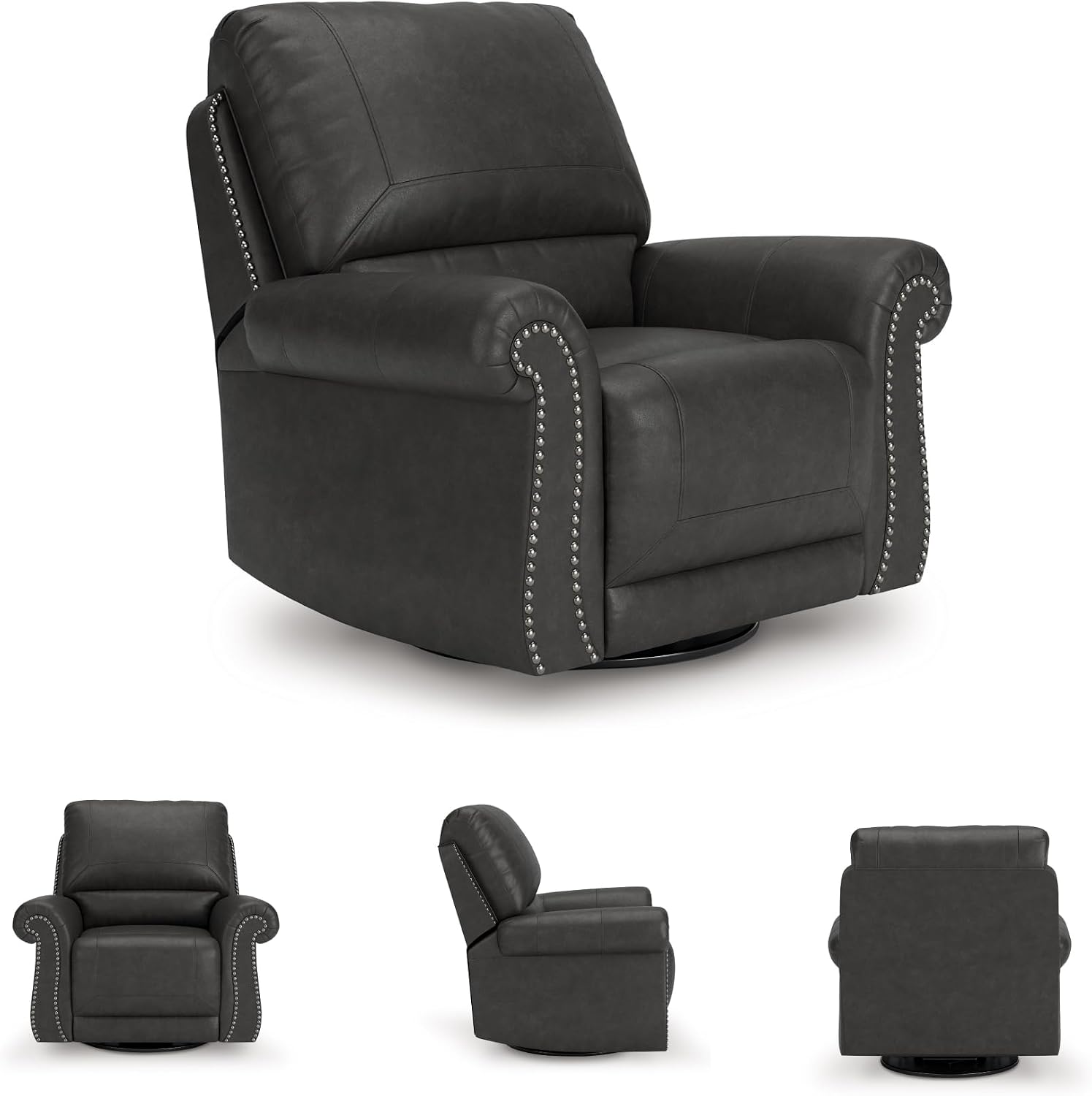 Signature Design by Ashley Shadsburne Classic Faux Leather Manual Rocker Swivel Glider Recliner with Nailhead Trim, Reinforced Frame and Metal Seat Box, 360-Degree Swivel, Black