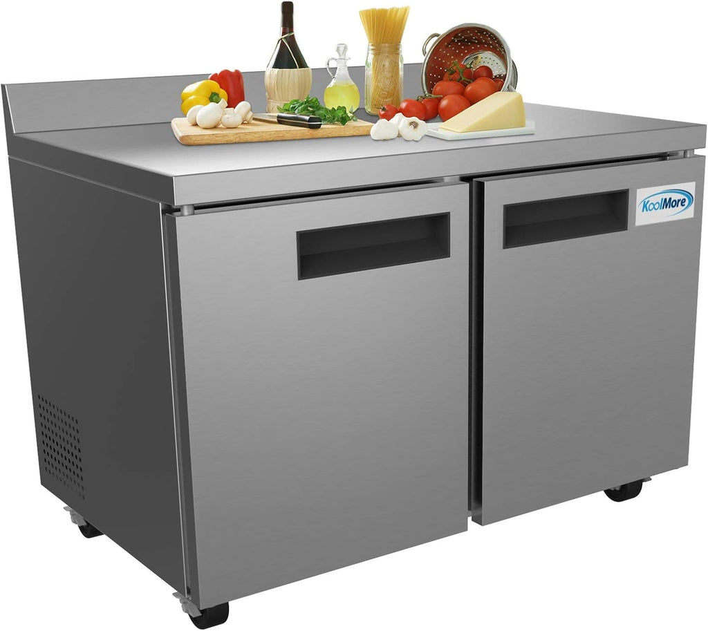 KoolMore 48' Stainless Steel 2 Door Worktop Commercial Freezer with 3 1/2 Backsplash - 12 cu.ft