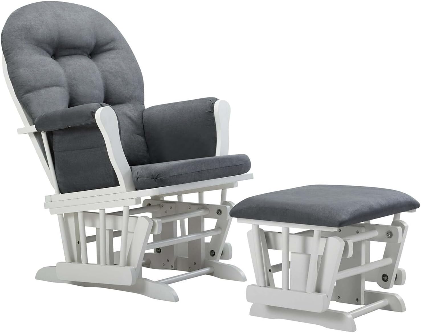 HomeStock Glider and Ottoman Set - Padded Arms, Storage Pockets, Metal Bearings White and Dark Gray