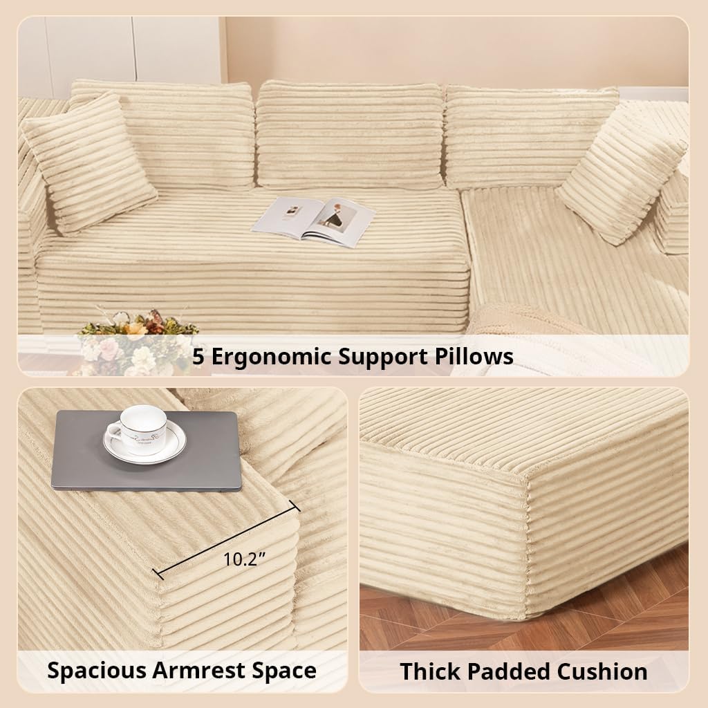 COMHOMA 105'Modular Sectional Sofa with Deep Seat,Cloud Upholstered L-Shape Couch Wide Arms Corduroy Fabric High-Density Foam Chaise Lounge for Living Room No Assembly Required