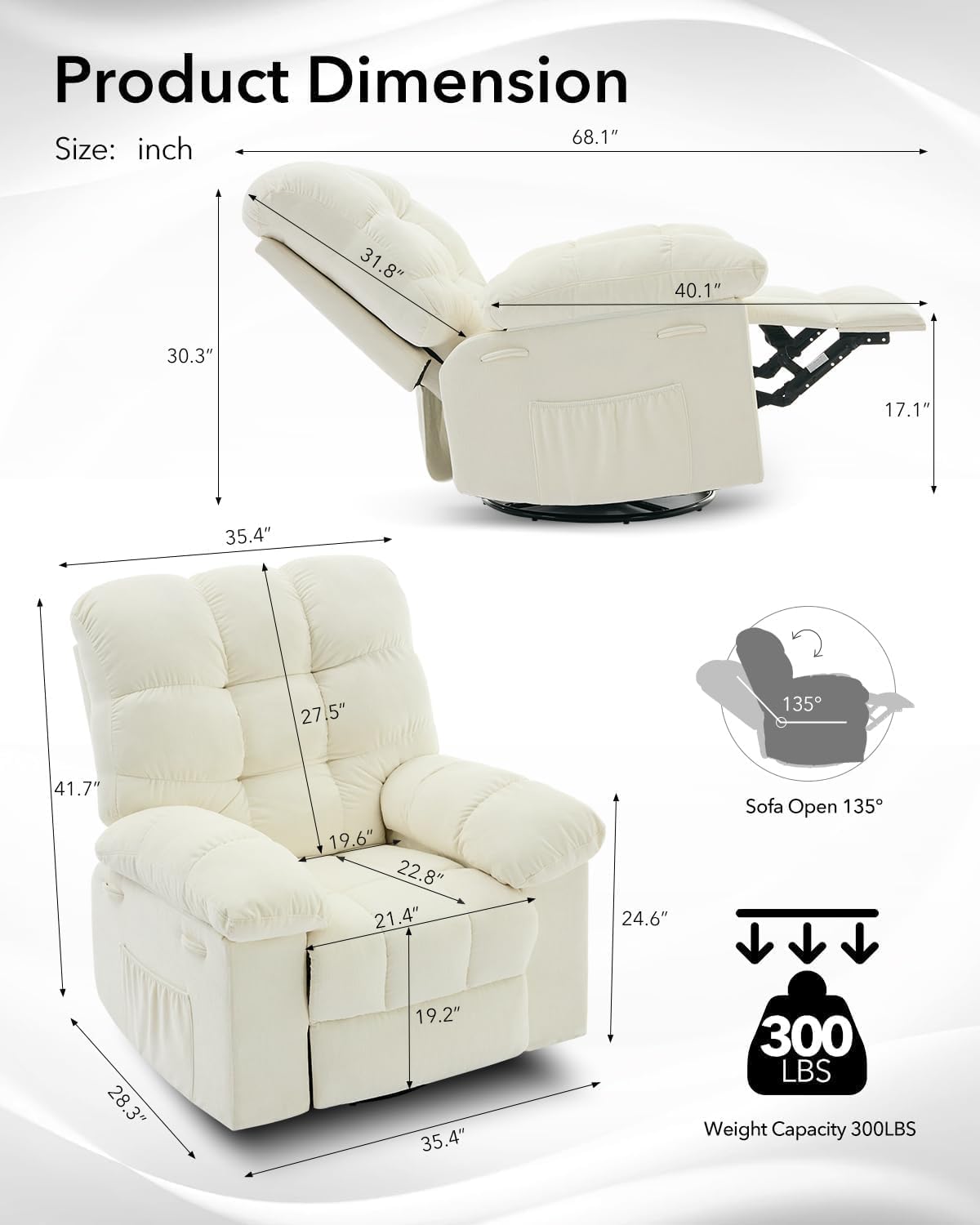Oversized Swivel Rocker Recliner Chair for Adult,360° Swivel Rock Recliner, Extra Wide Manual Recliners, Chenille Upholstery Overstuffed Soft Rocking Sofa Chair,Beige