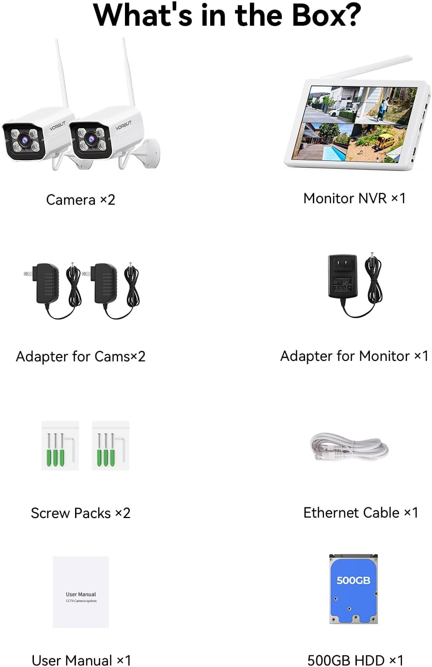 Wireless Security Camera System with 10' LCD Monitor, 2PCS 3MP Bullet Outdoor Camera Metal Shell for Home Surveillance, 10CH NVR with 500G HDD, 24/7 Record,Human Detection,No Monthly Fee