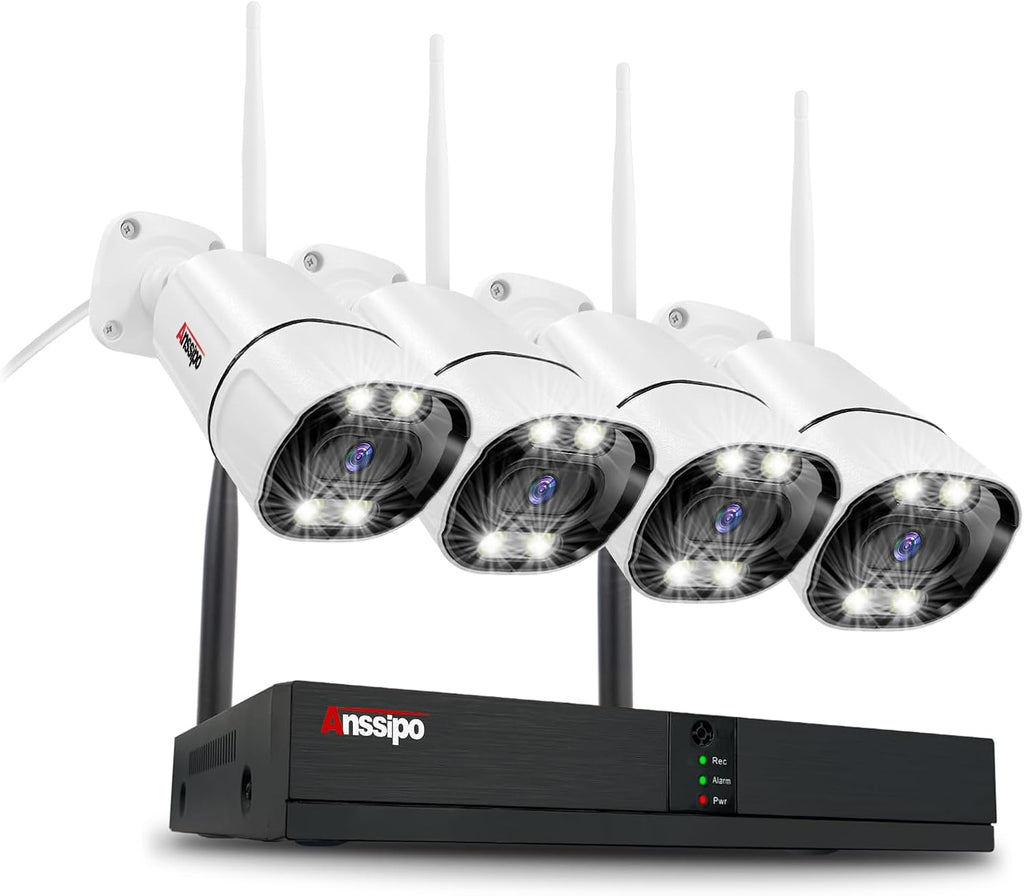 4K WiFi Security Camera System, 4X 3MP Plug-in Home Security Cameras 24/7 Recording, Dual Warning 8 Channel 265+ WiFi NVR, NO Hard Drive, 2 Way Audio, AI Detection, Color Night Vision