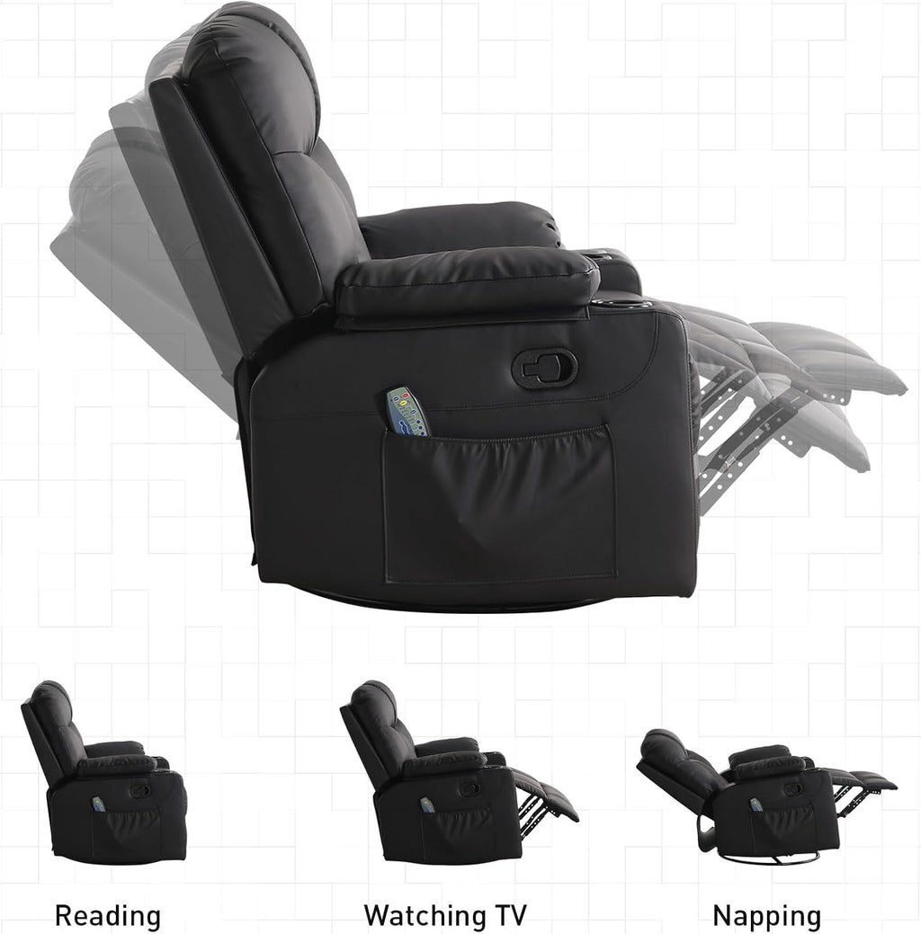 Bonzy Home Oversized Swivel Rocker Recliner, 40' Rocking Recliner Chair with Heated and Massage, PU Leather Single Sofa with Swivel Function, 2 Cup Holders for Living Room Bedroom, Black