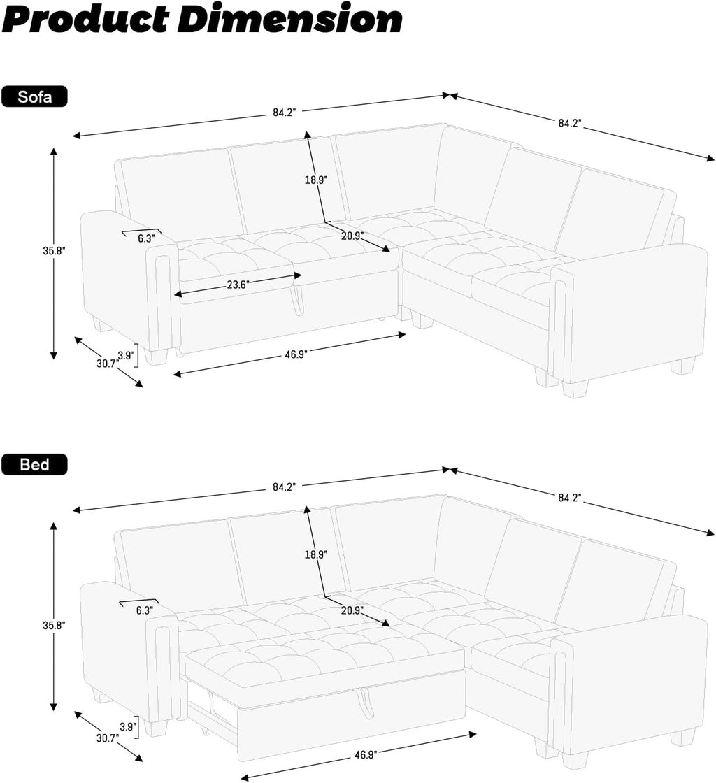 Belffin Modular Sectional Sleeper Sofa with Pull Out Couch Bed Velvet Convertible L Shaped Sectional Couch for Living Room Apartment Grey