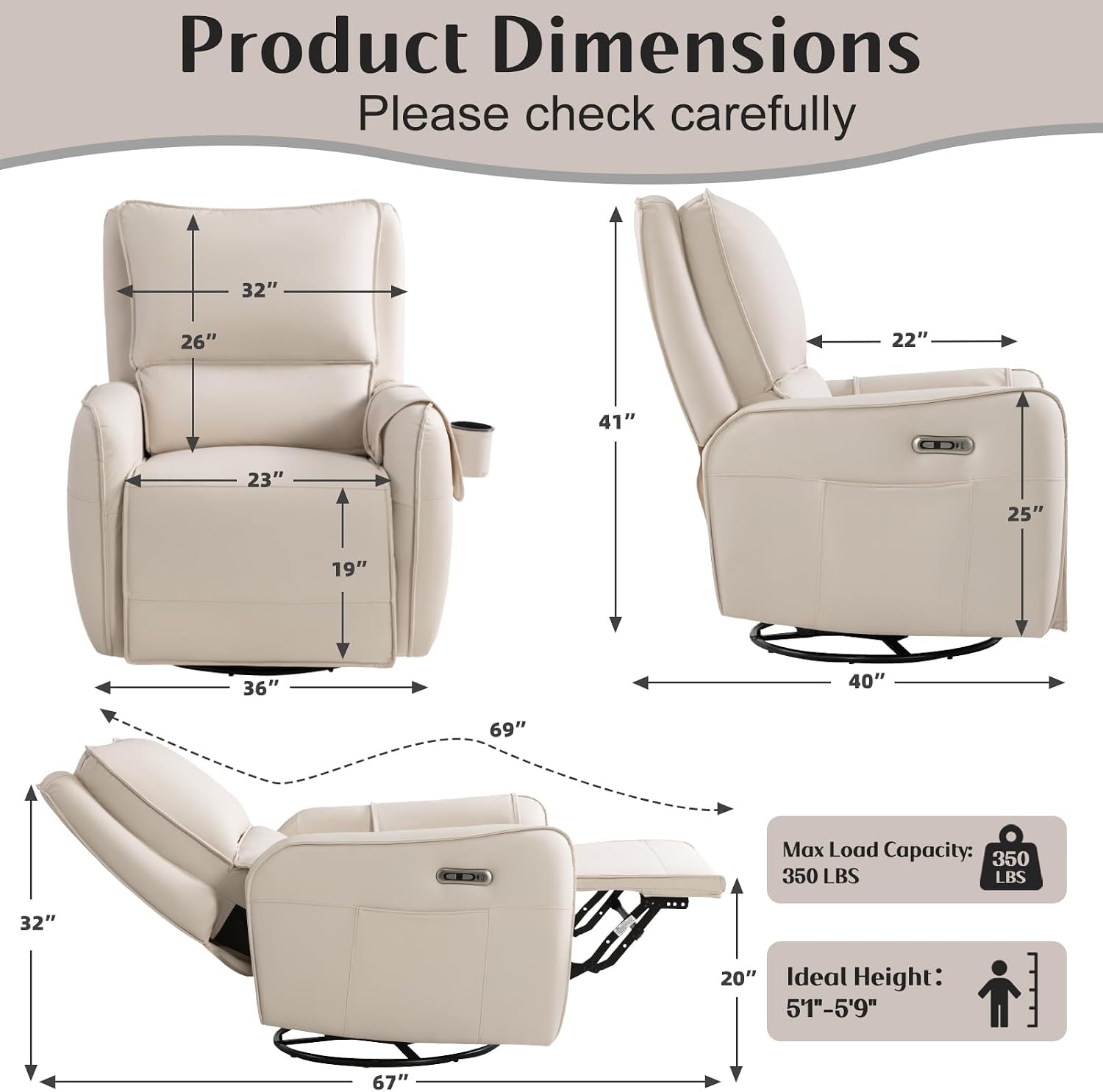 Power Recliner Gliders for Nursery, Electric Swivel Rocker Recliner Chair, Comfy Upholstered Living Room Reclining Rocking Chairs with Lumbar Support (Cream, 41' X 40' X 36')